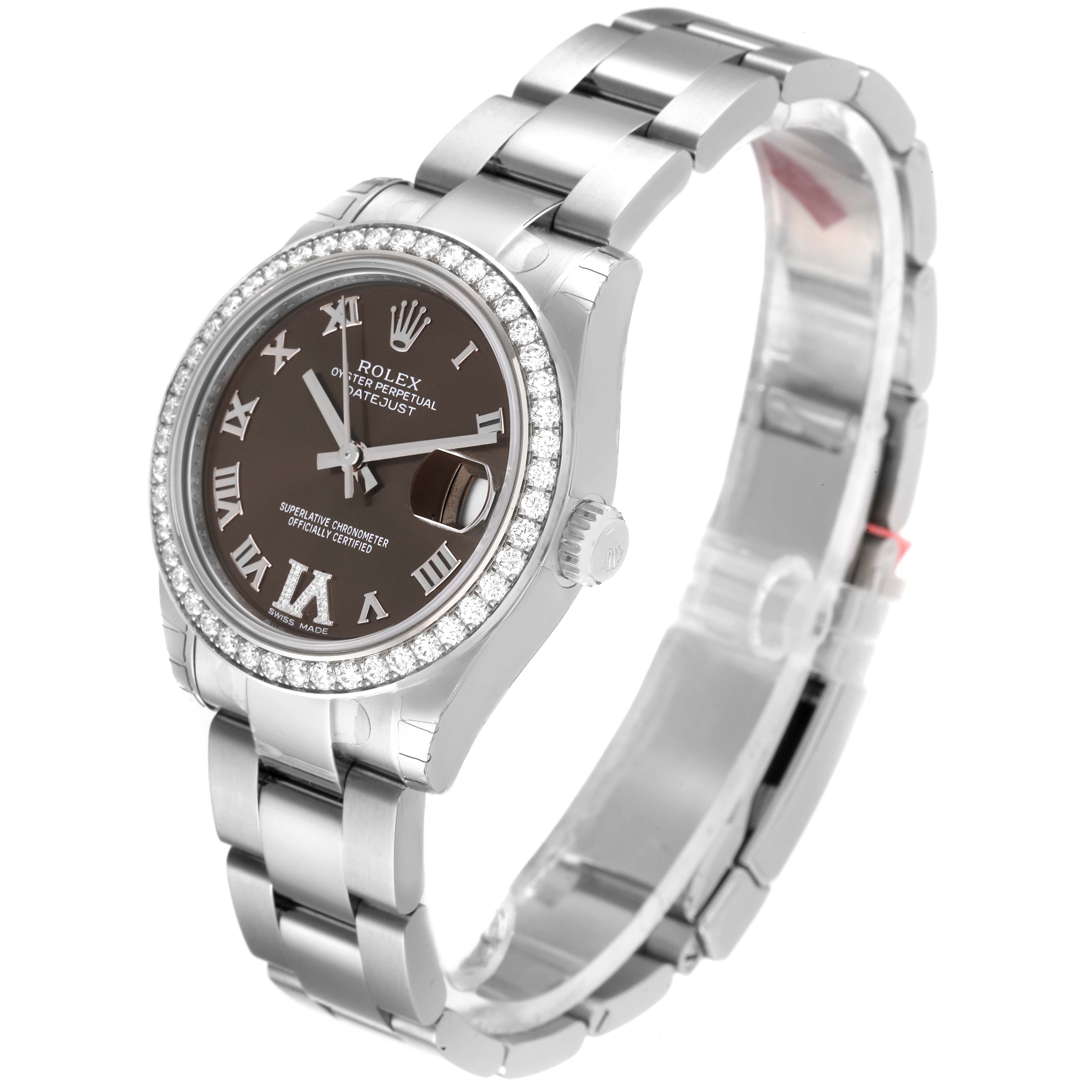 This image shows a Rolex Mid-Size 178384 Women's Stainless Steel Brown Dial 178384 Women's Stainless Steel Brown Dial Datejust watch from an angled side view, highlighting its bracelet, dial, and bezel.