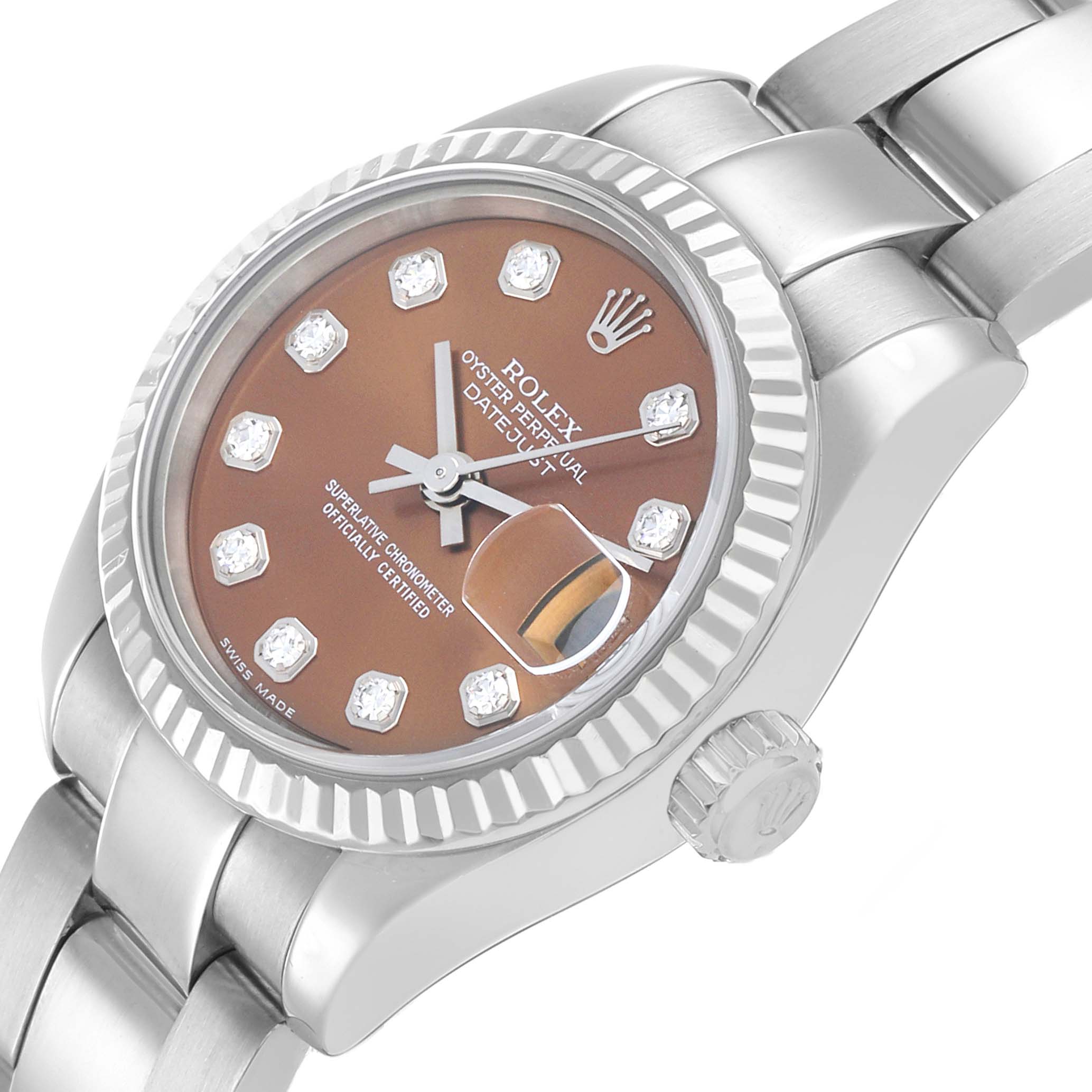 The Rolex President 179179 Women's White Gold Orange Dial model is shown from a slightly tilted angle, displaying the face, bezel, crown, and part of the bracelet.