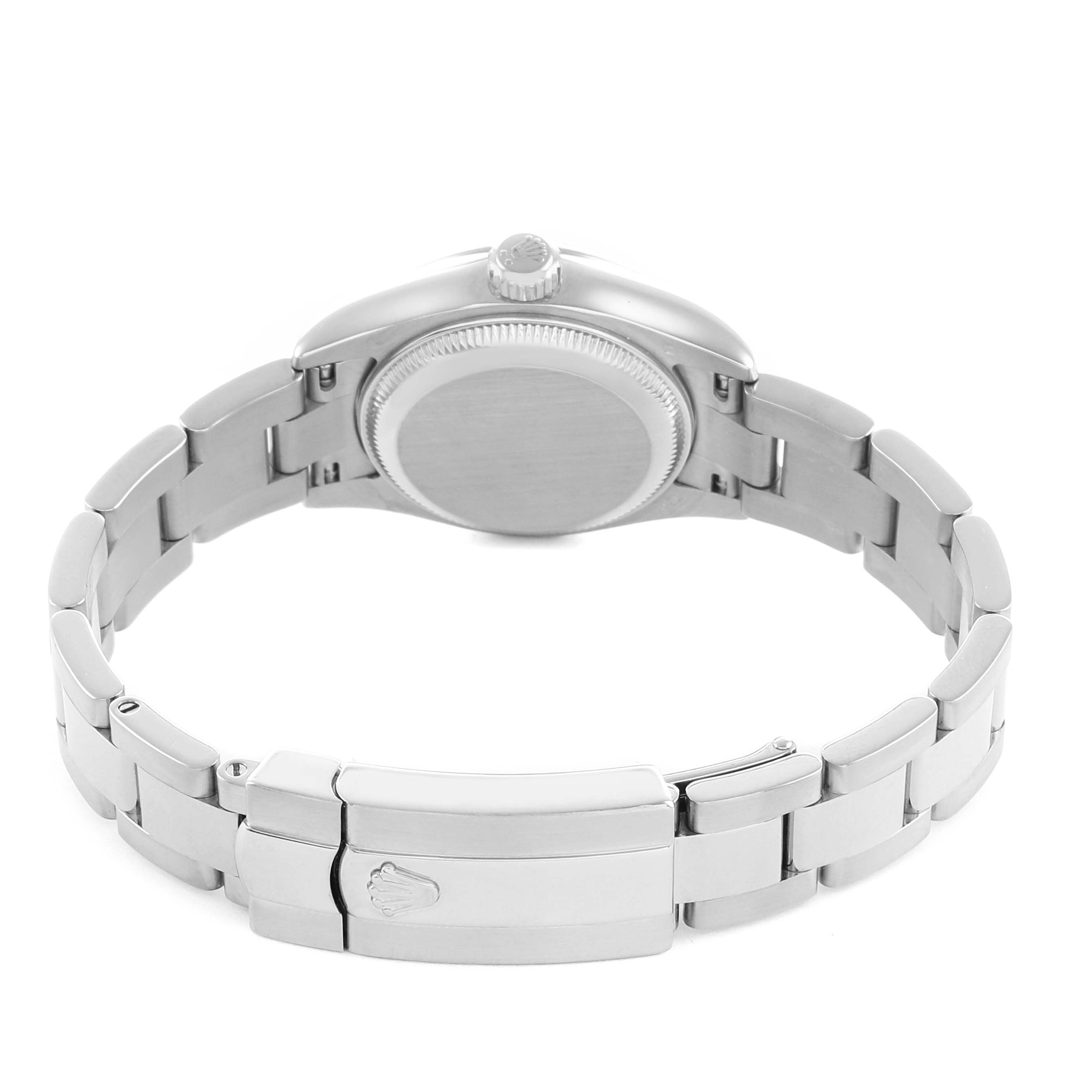 The Rolex President 179179 Women's White Gold Orange Dial model watch is shown from the back, highlighting the bracelet, clasp, case back, and crown.