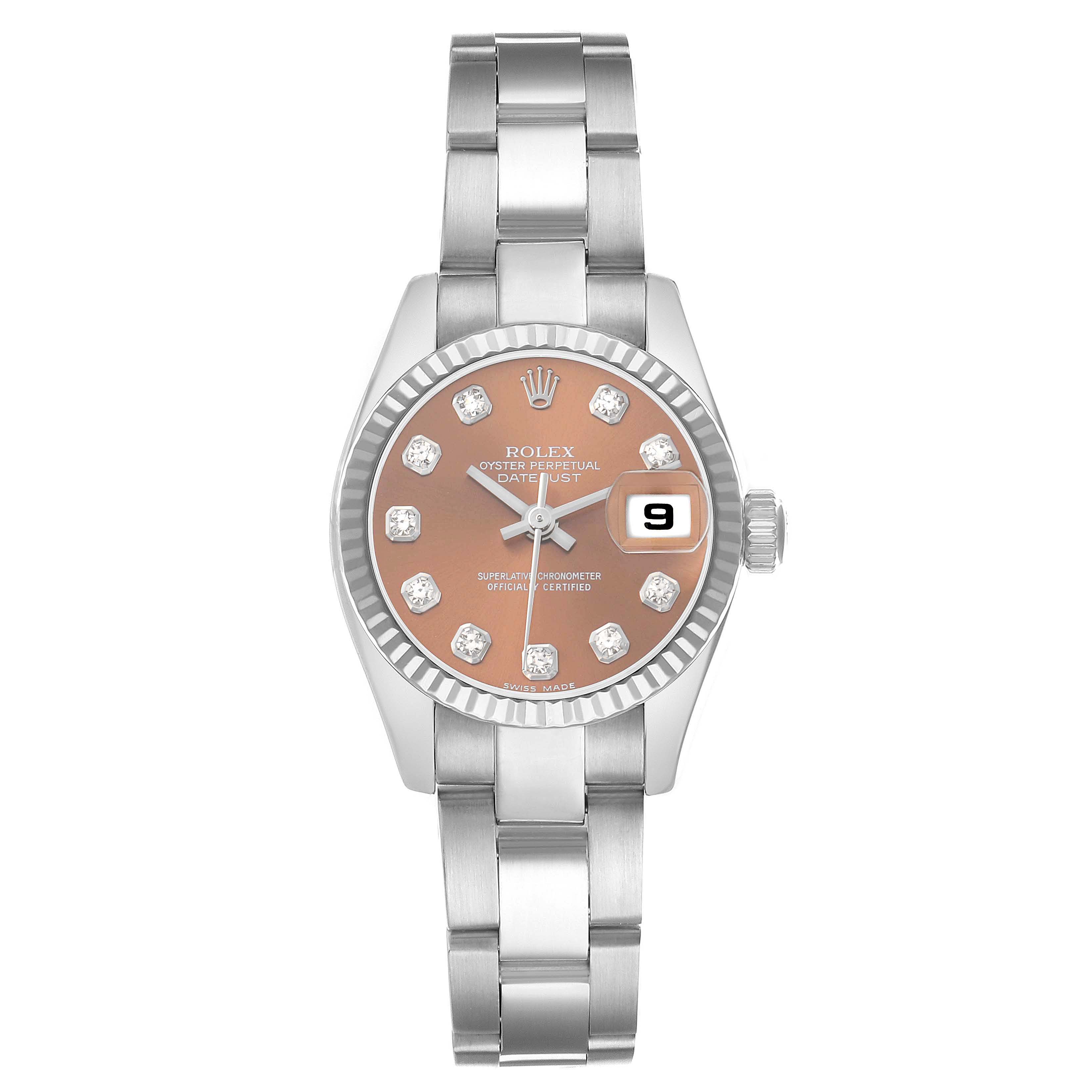 The Rolex President 179179 Women's White Gold Orange Dial model watch is shown from the front, displaying the face, dial, date window, bezel, and bracelet.
