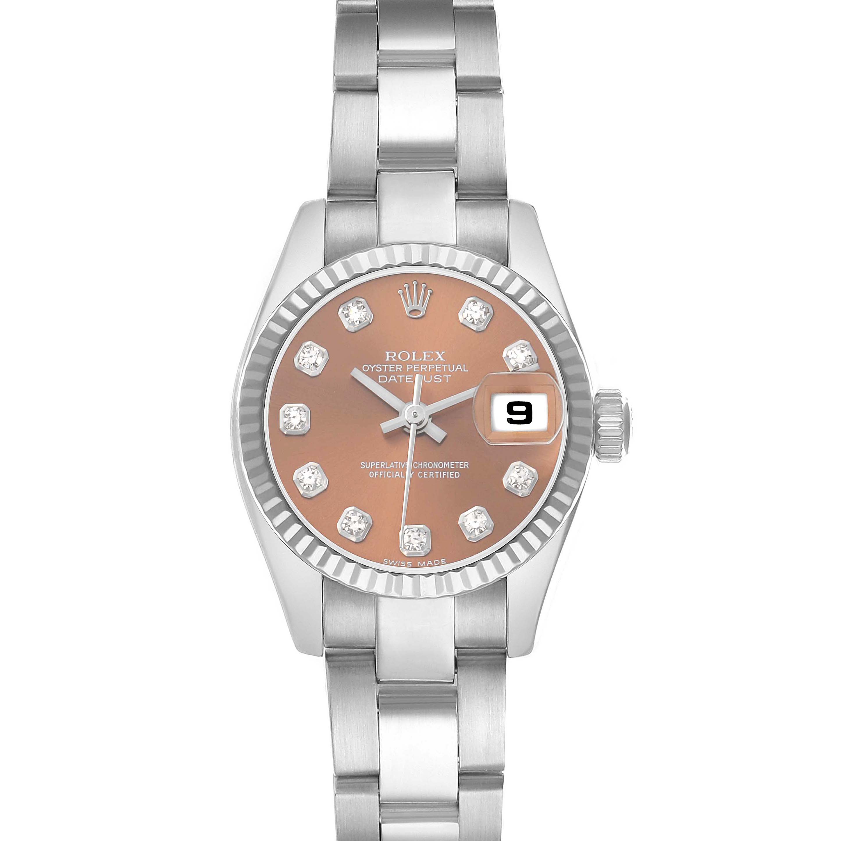 The Rolex President 179179 Women's White Gold Orange Dial model is shown from a top-down angle, highlighting the dial, bracelet, and date window.