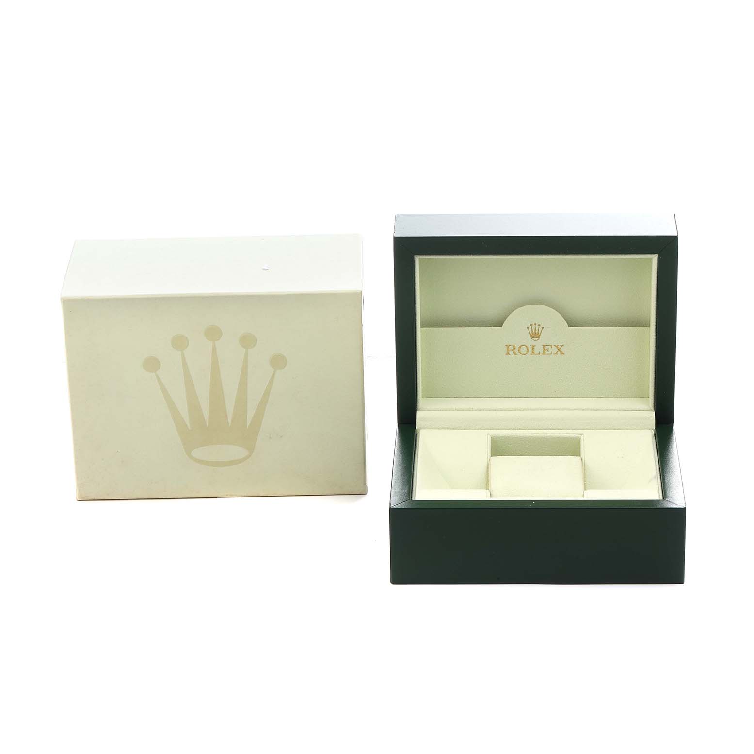 The image shows a Rolex President 179179 Women's White Gold Orange Dial model's open watch box and outer box, featuring the brand's logo.