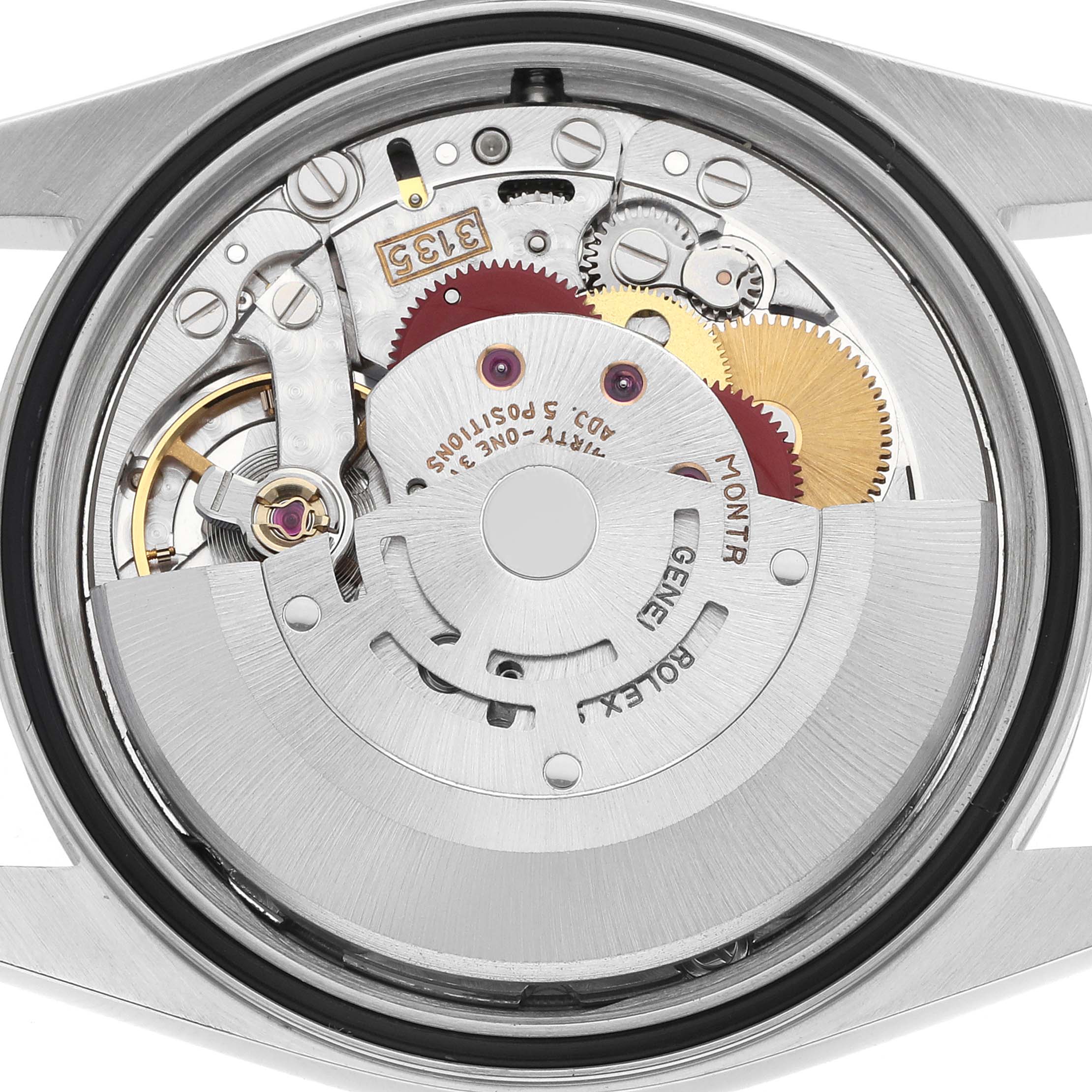 The image shows the back of a Rolex Datejust 16220 Men's Stainless Steel Silver Dial watch, highlighting the movement and internal gears.