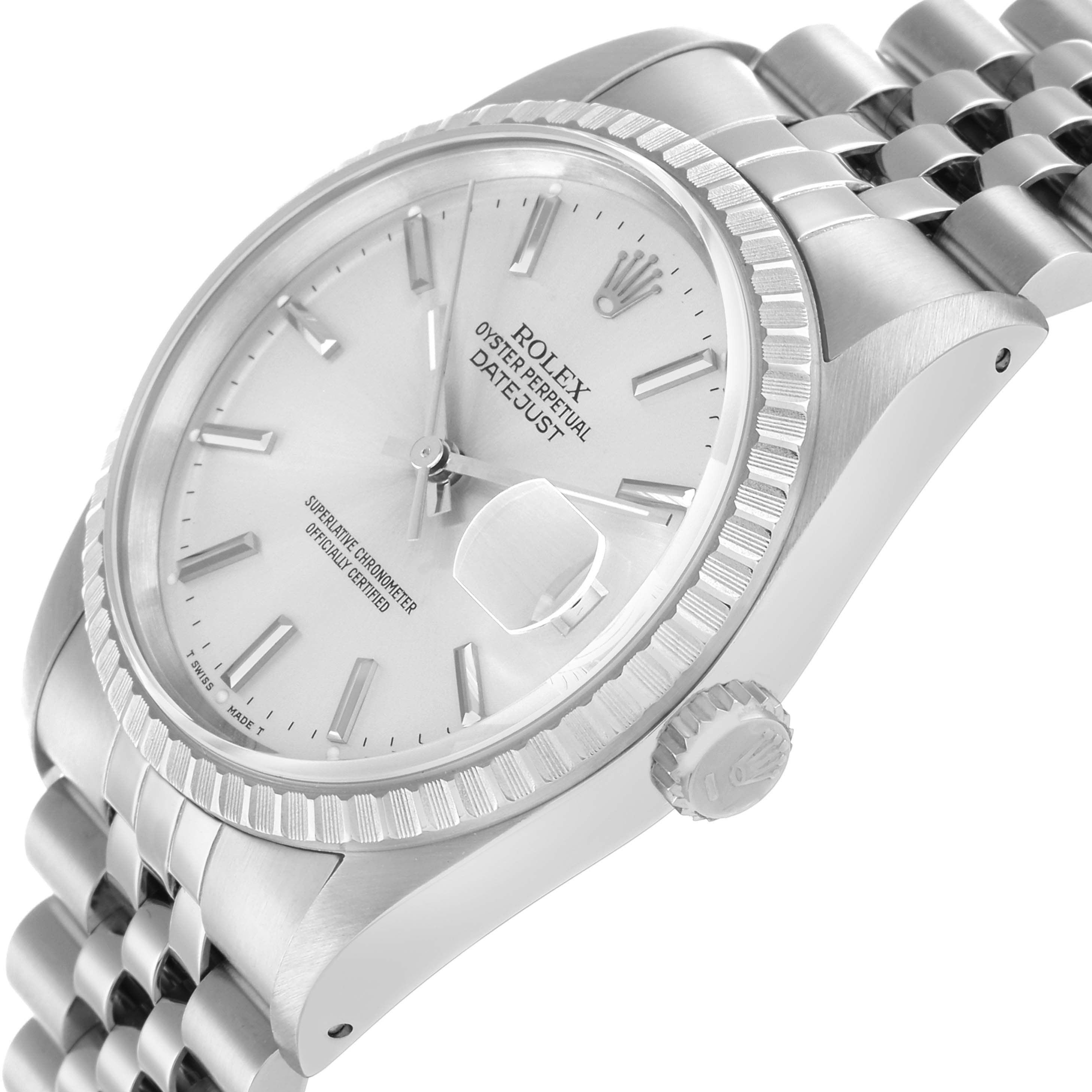 The image shows a side angle of the Rolex Datejust 16220 Men's Stainless Steel Silver Dial, highlighting the bezel, dial, crown, and jubilee bracelet.