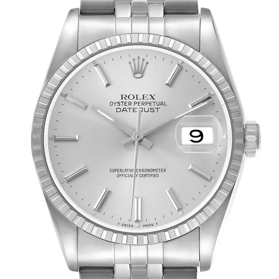 The Rolex Datejust 16220 Men's Stainless Steel Silver Dial watch is shown from a front angle, highlighting the dial, bezel, and part of the bracelet.