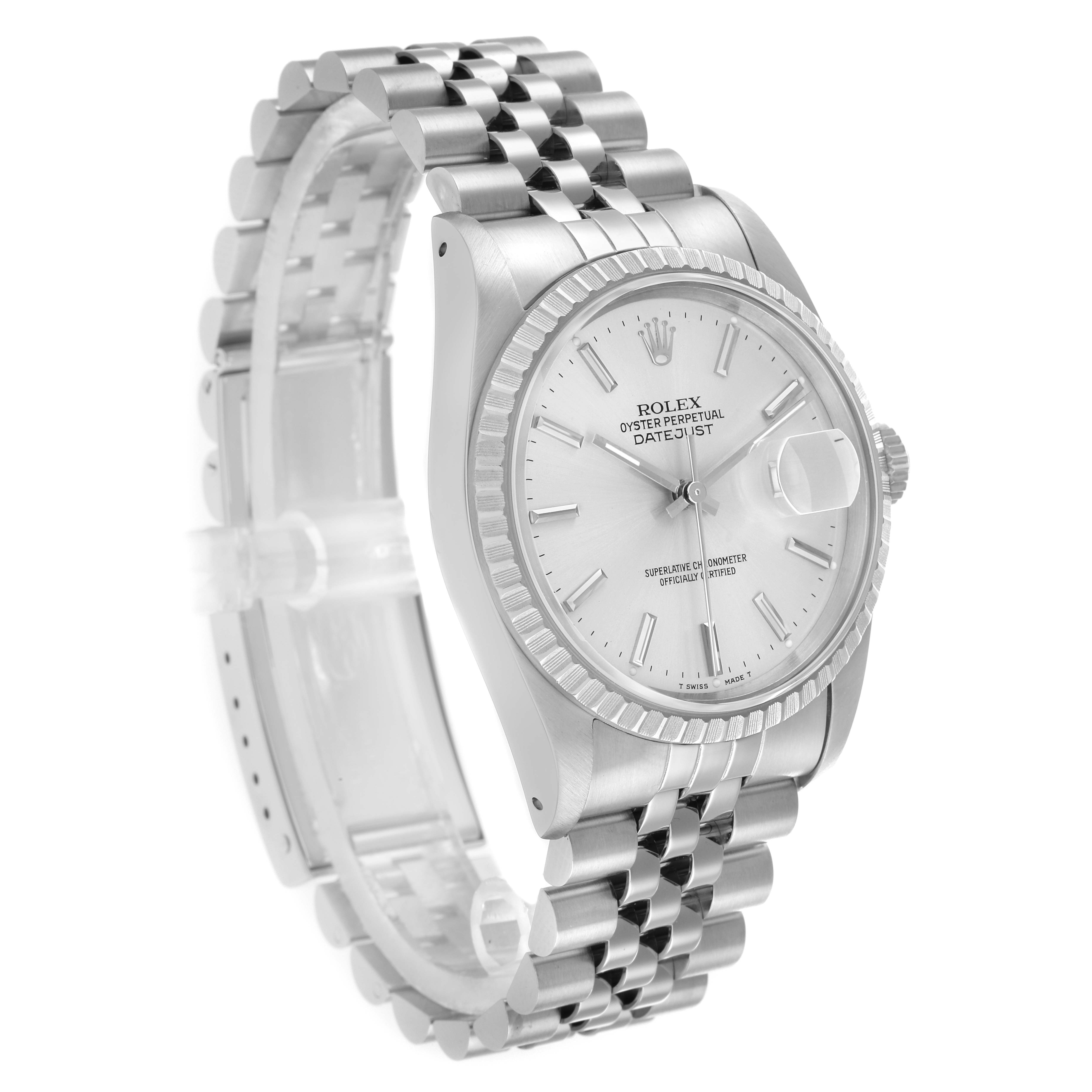 The Rolex Datejust 16220 Men's Stainless Steel Silver Dial watch is shown at a 3/4 angle highlighting the face, crown, and Jubilee bracelet.