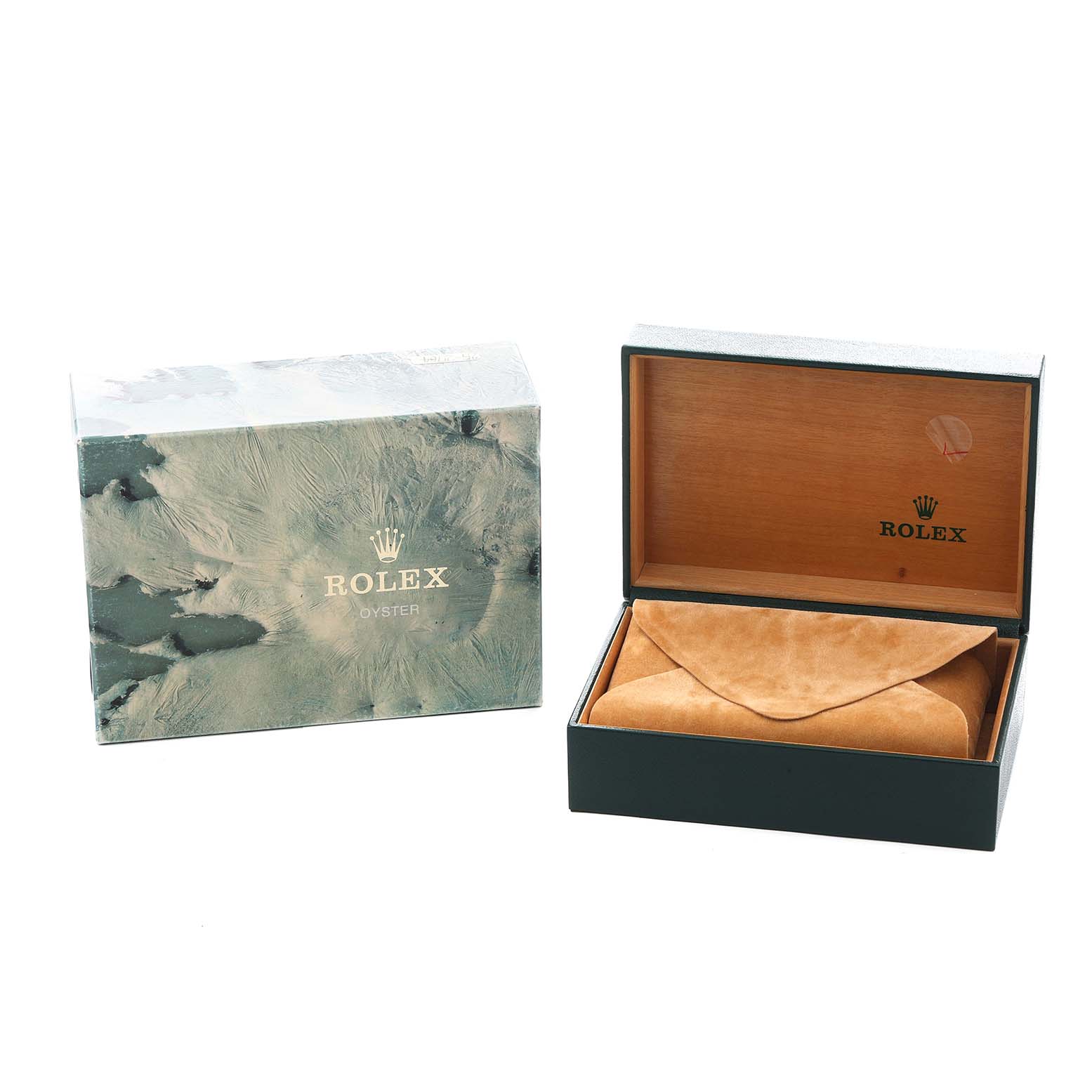 The image shows a Rolex Datejust 16220 Men's Stainless Steel Silver Dial box and case, with the outer and inner packaging visible from above.