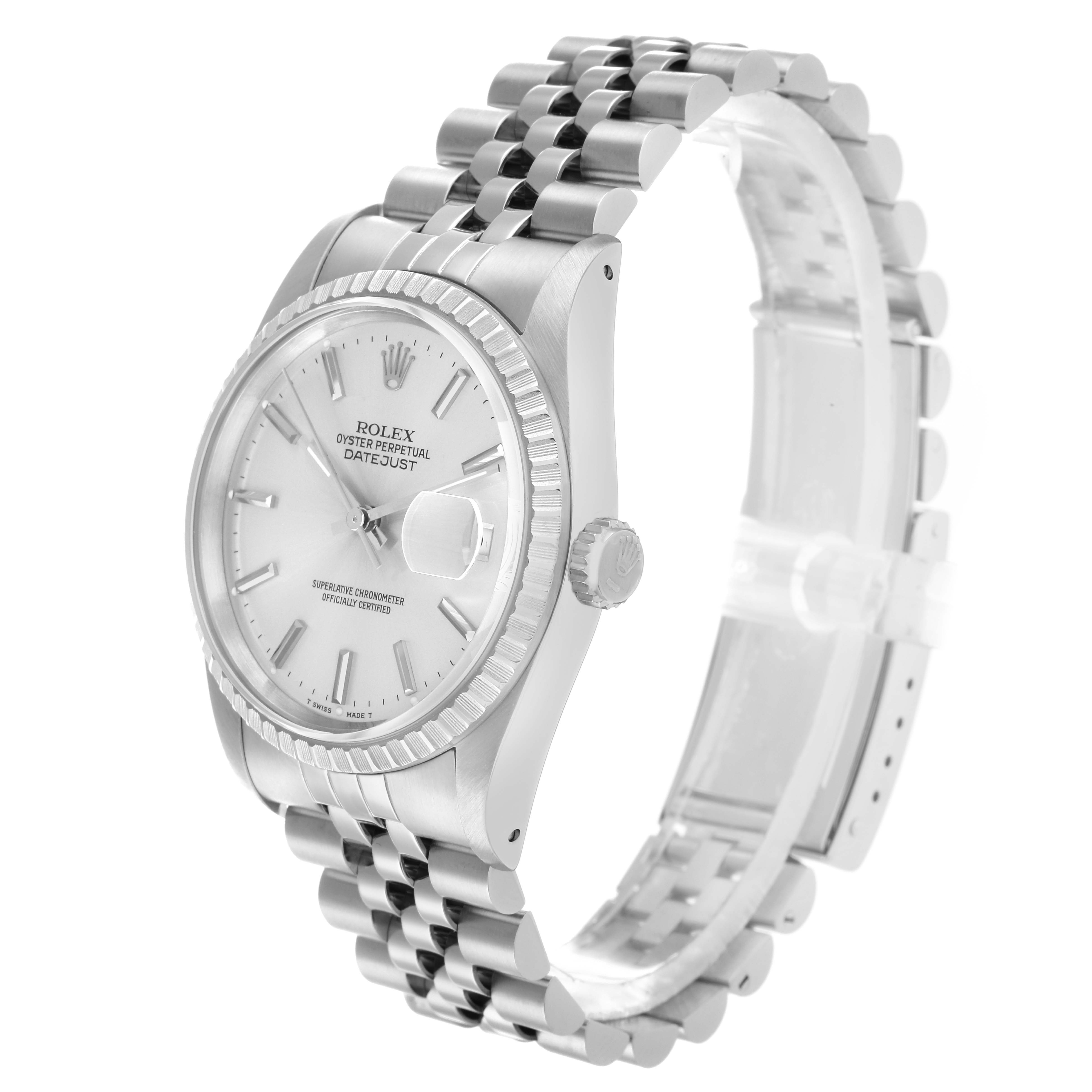 The Rolex Datejust 16220 Men's Stainless Steel Silver Dial watch is shown at a three-quarter angle, highlighting the face, bezel, crown, and part of the bracelet.