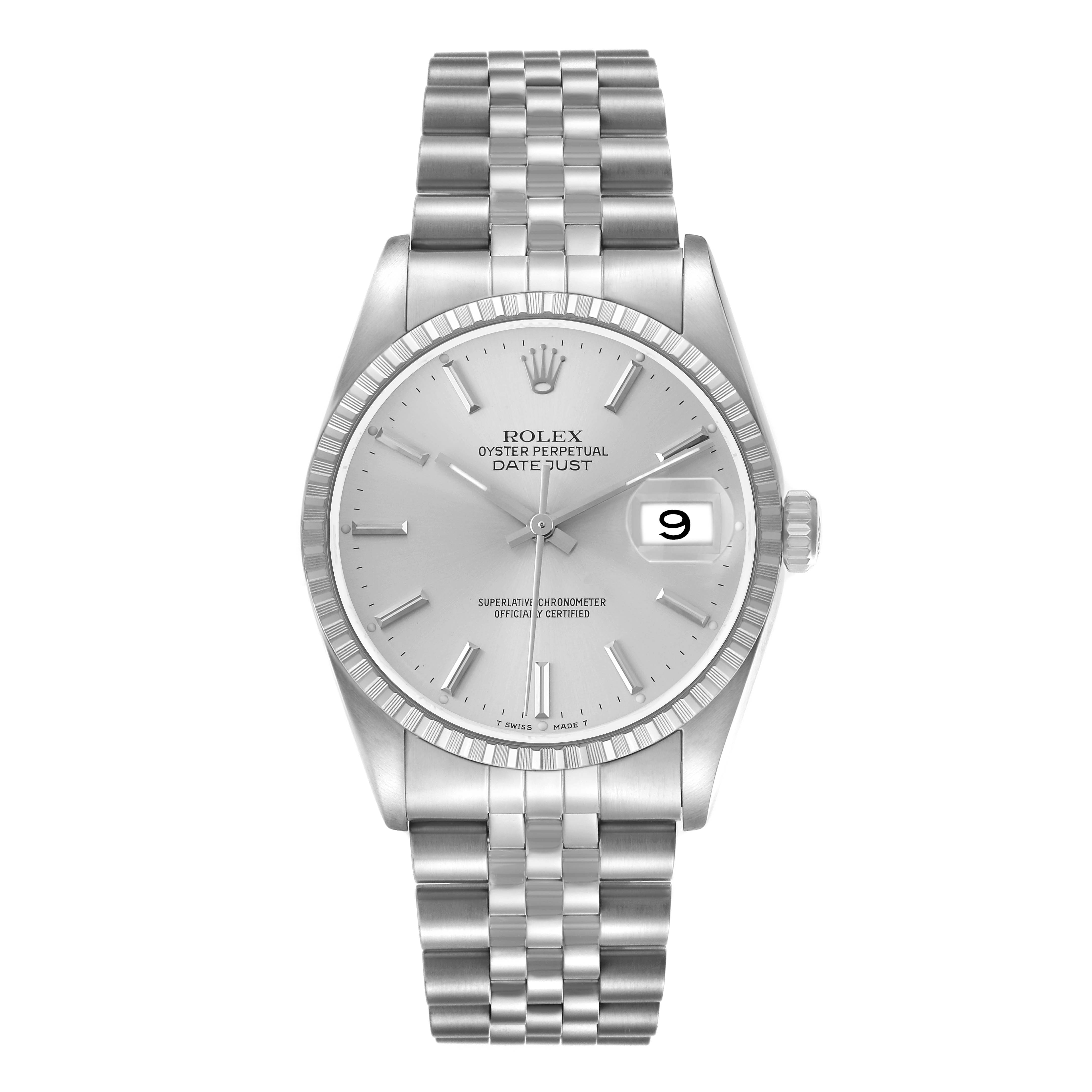 The Rolex Datejust 16220 Men's Stainless Steel Silver Dial watch is shown from a front angle displaying the dial, bezel, and bracelet.