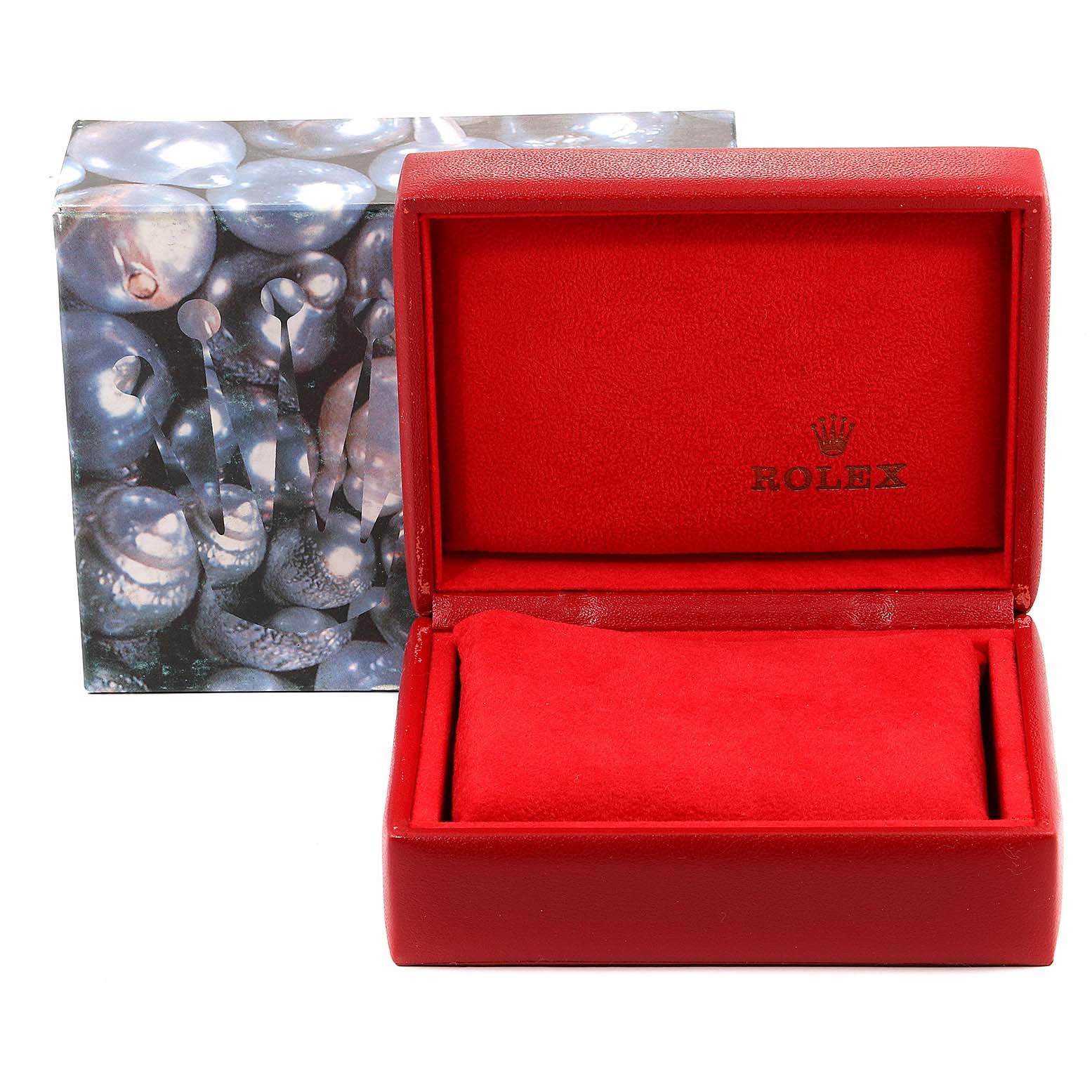 The image shows a red Rolex Datejust 69174 Women's Stainless Steel Silver Dial 69174 Women's Stainless Steel Silver Dial watch box open, revealing the interior and an outer box with a design.