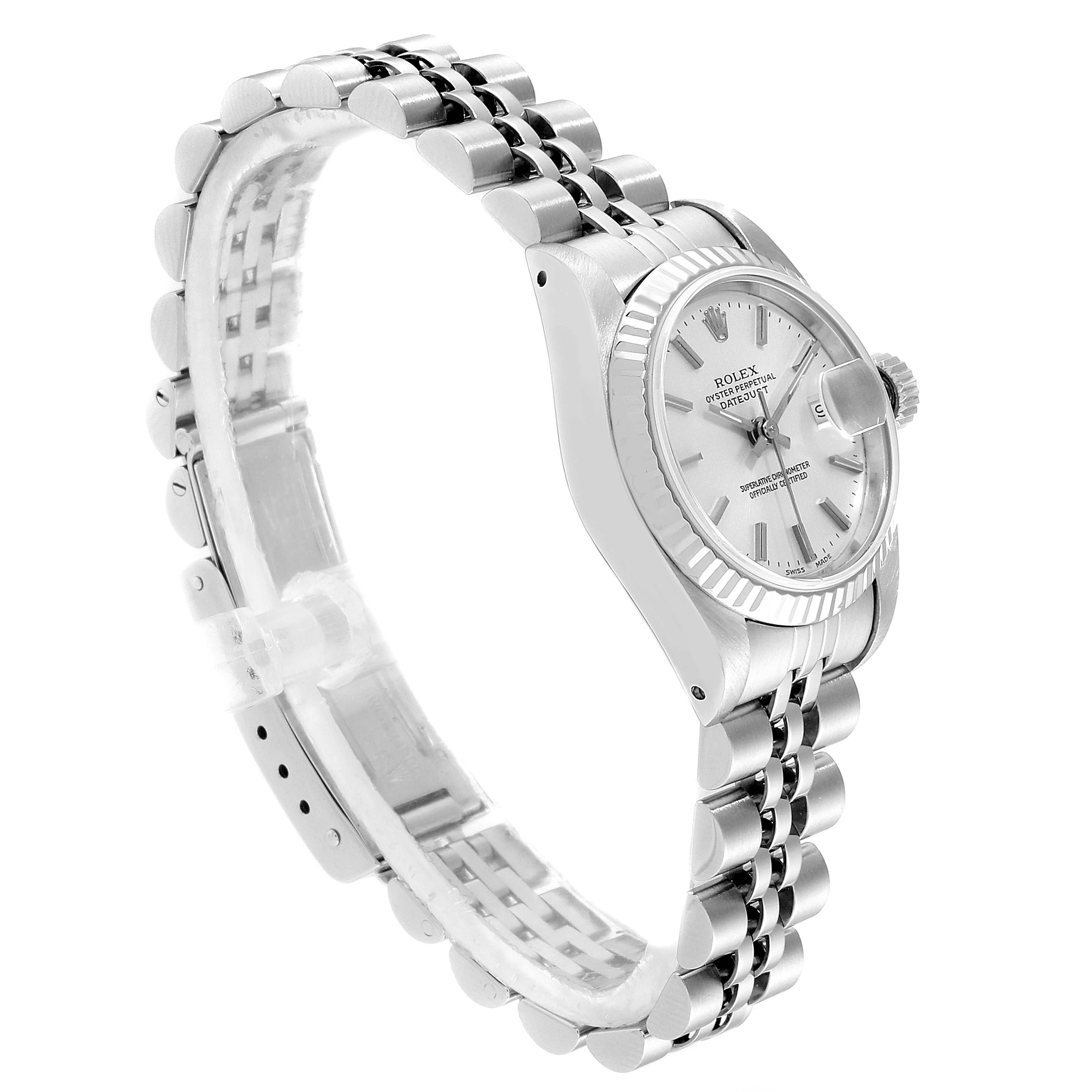 This Rolex Datejust 69174 Women's Stainless Steel Silver Dial 69174 Women's Stainless Steel Silver Dial watch is shown at an angle highlighting the bezel, dial, and Jubilee bracelet in a partial side view.