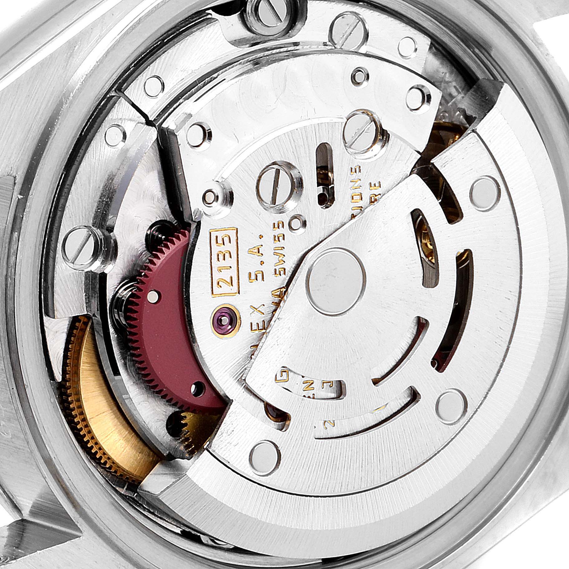 This image shows a close-up view of the movement inside a Rolex Datejust 69174 Women's Stainless Steel Silver Dial 69174 Women's Stainless Steel Silver Dial watch.