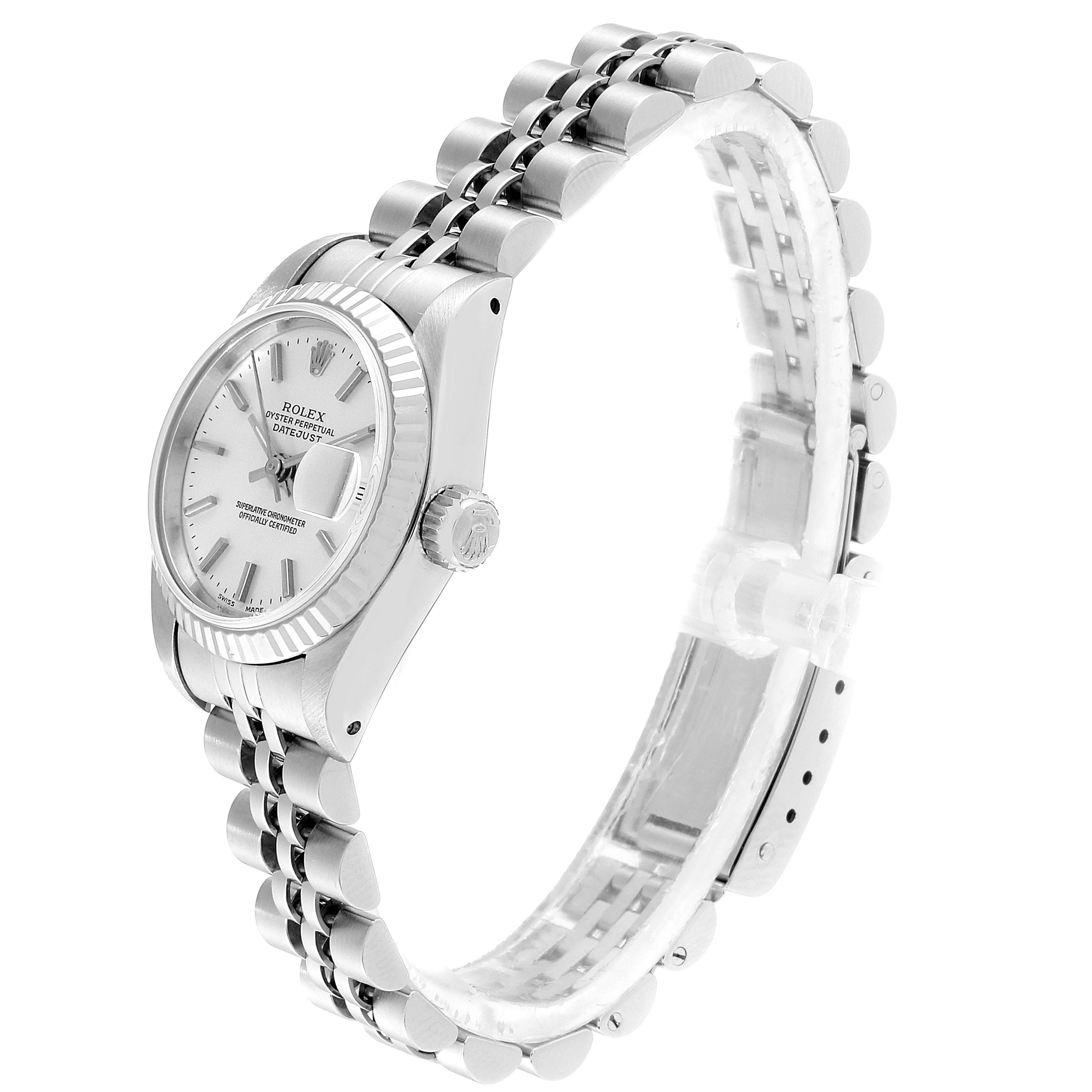 The image shows a side profile of a Rolex Datejust 69174 Women's Stainless Steel Silver Dial 69174 Women's Stainless Steel Silver Dial watch highlighting the dial, crown, and bracelet.