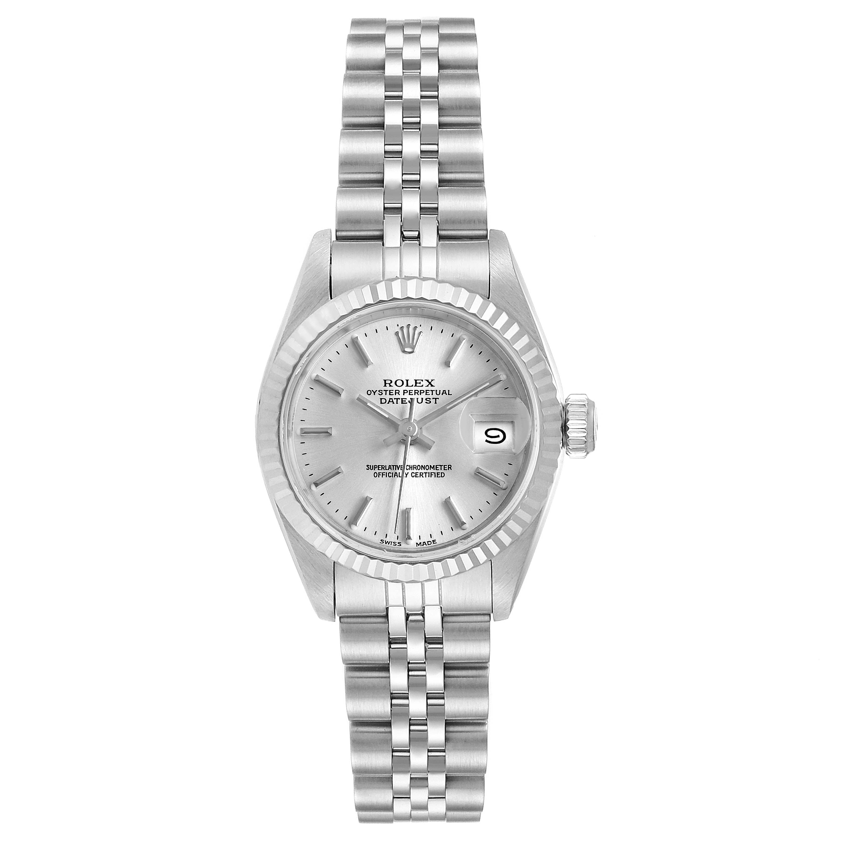 This image shows a frontal view of the Rolex Datejust 69174 Women's Stainless Steel Silver Dial 69174 Women's Stainless Steel Silver Dial watch, displaying the bracelet, dial, and bezel.