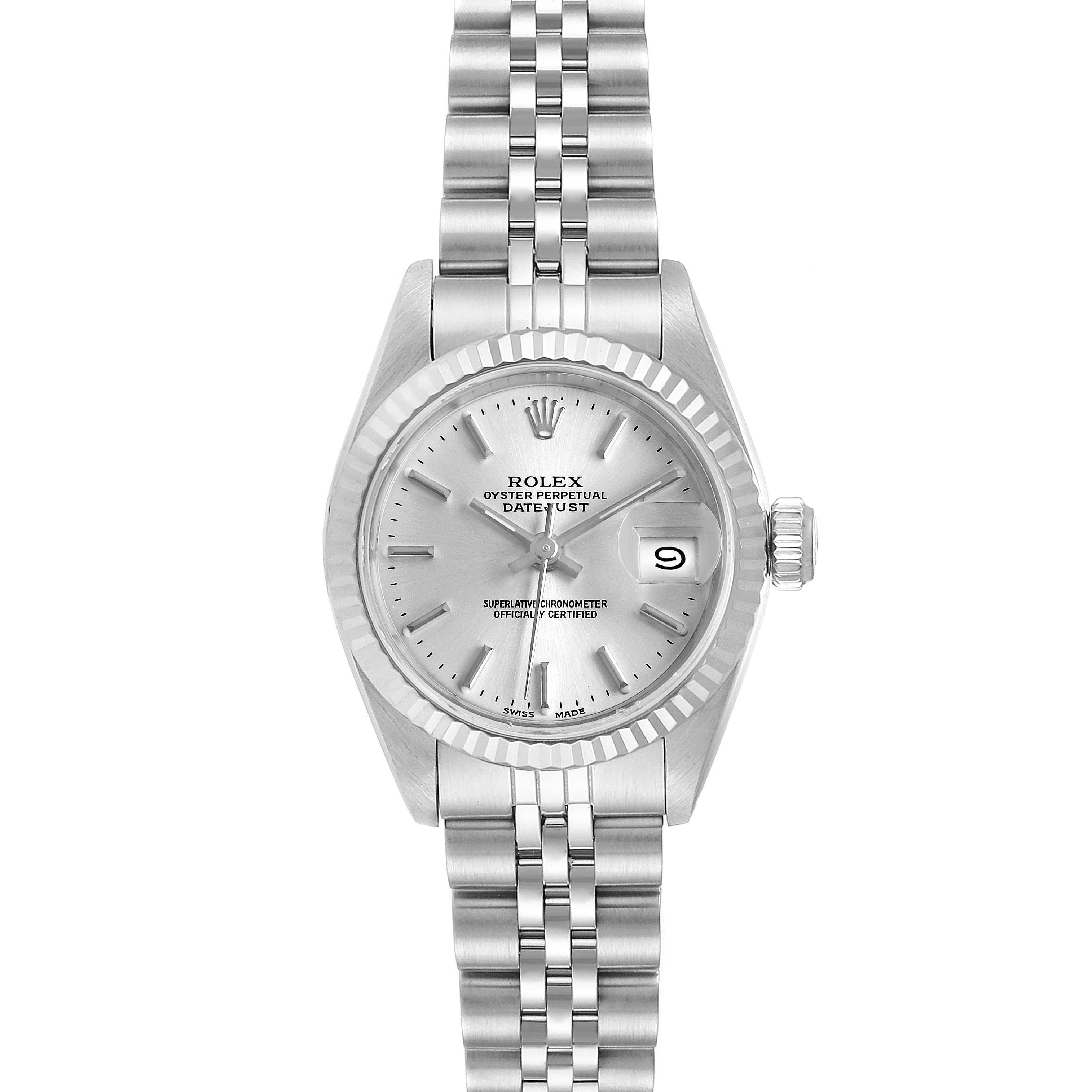The Rolex Datejust 69174 Women's Stainless Steel Silver Dial 69174 Women's Stainless Steel Silver Dial model watch is shown from a front angle, displaying the dial, fluted bezel, Jubilee bracelet, and crown.