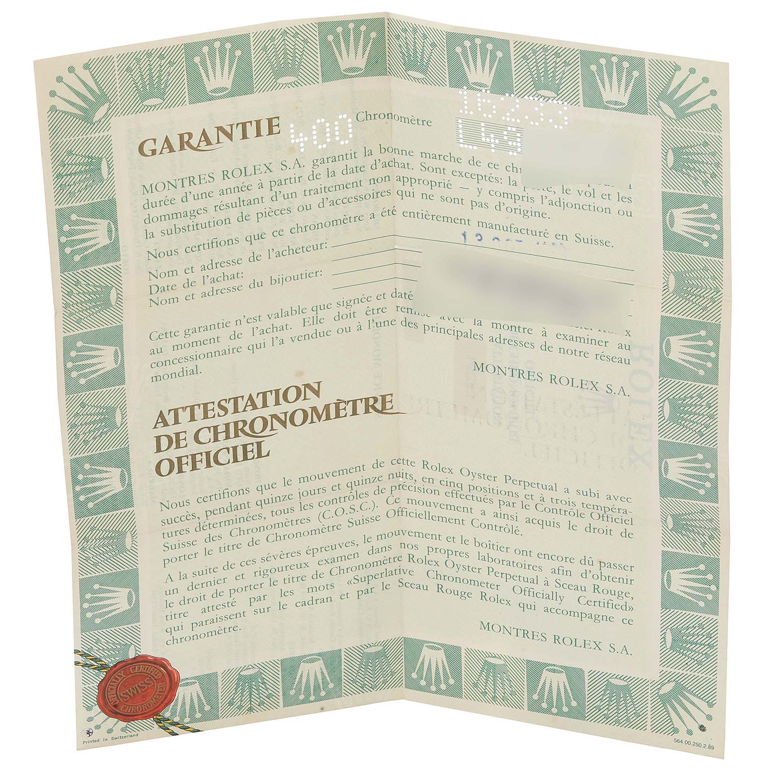 The image shows a Rolex Datejust 16233 Men's Steel and Gold (two tone) Champagne Dial 16233 Men's Steel and Gold (two tone) Champagne Dial warranty and chronometer certificate with a green and white design, text, and a red seal.