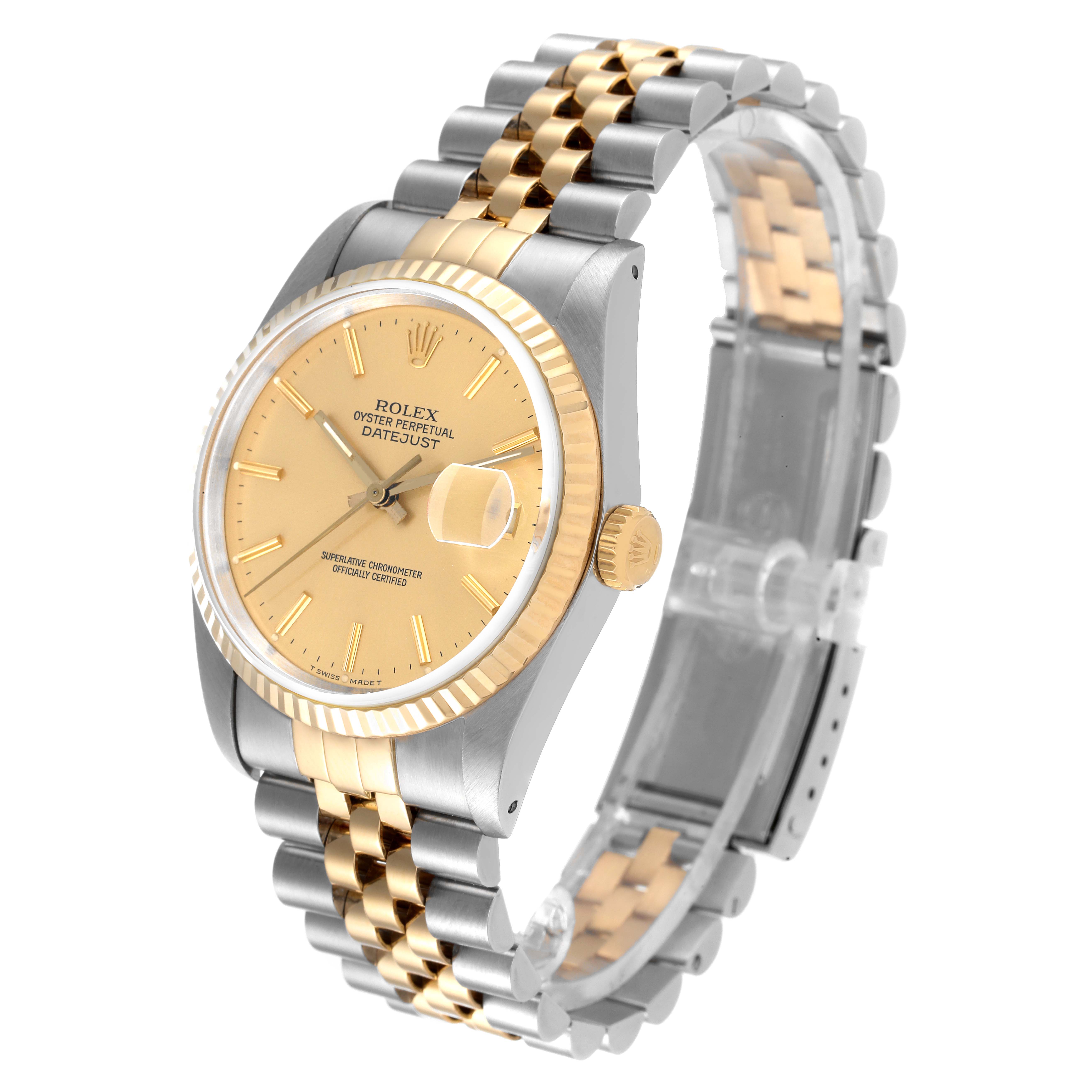 The image shows a Rolex Datejust 16233 Men's Steel and Gold (two tone) Champagne Dial 16233 Men's Steel and Gold (two tone) Champagne Dial watch at an angled side view, highlighting its two-tone bracelet, dial, and fluted bezel.