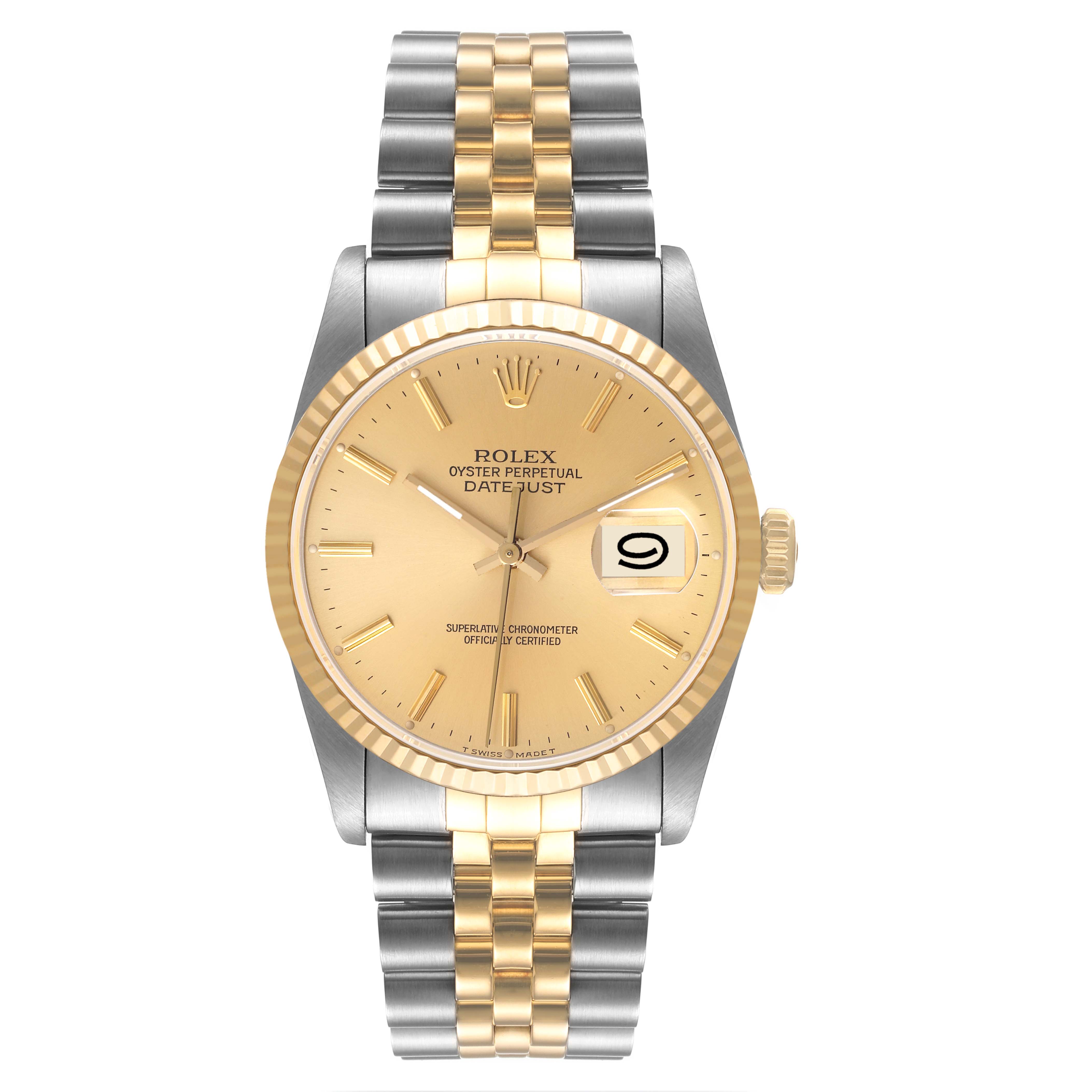 This image shows a frontal view of the Rolex Datejust 16233 Men's Steel and Gold (two tone) Champagne Dial 16233 Men's Steel and Gold (two tone) Champagne Dial watch, highlighting its gold dial, date window, and two-tone bracelet.