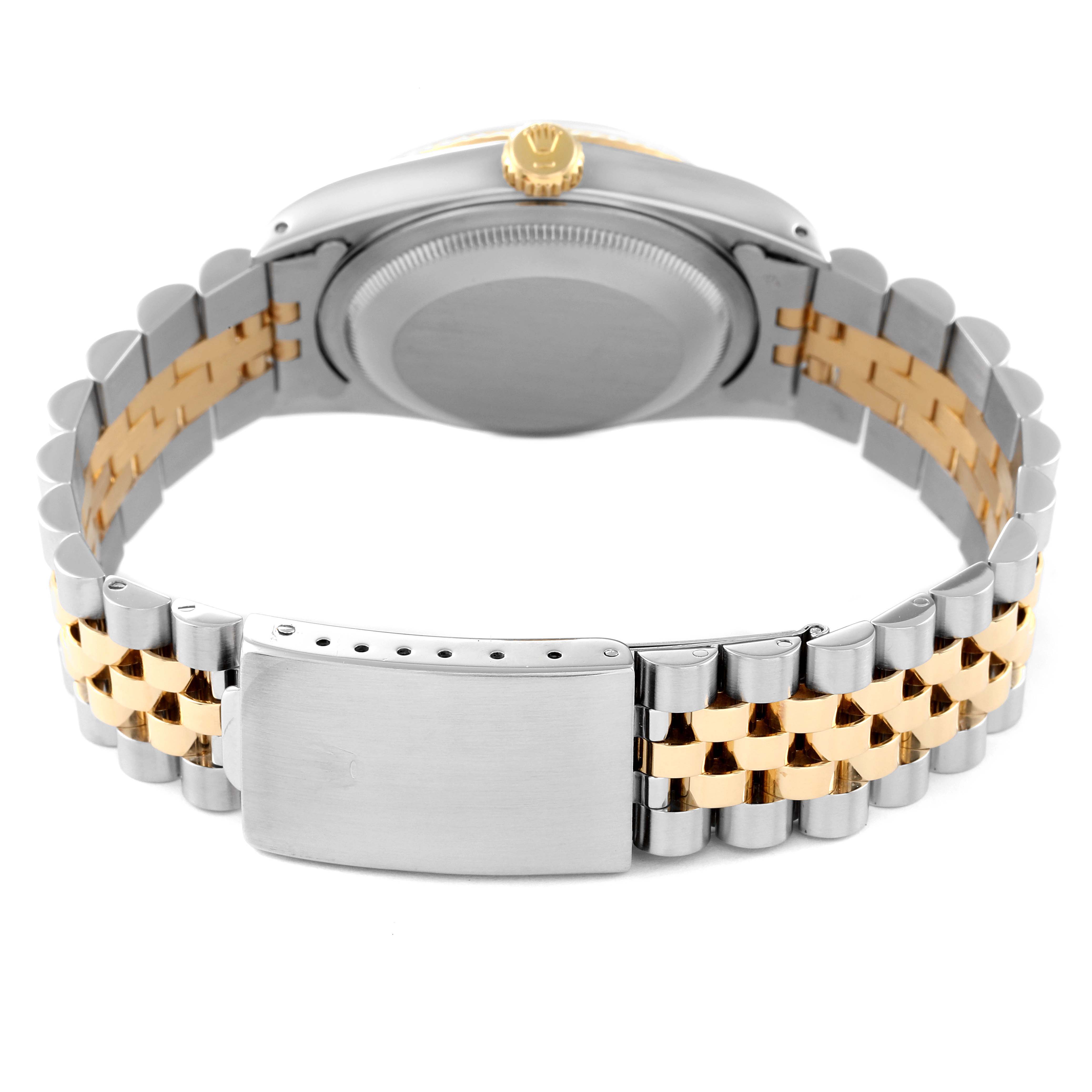 This image shows the back view of the Rolex Datejust 16233 Men's Steel and Gold (two tone) Champagne Dial 16233 Men's Steel and Gold (two tone) Champagne Dial watch, highlighting the case, crown, and two-tone bracelet.