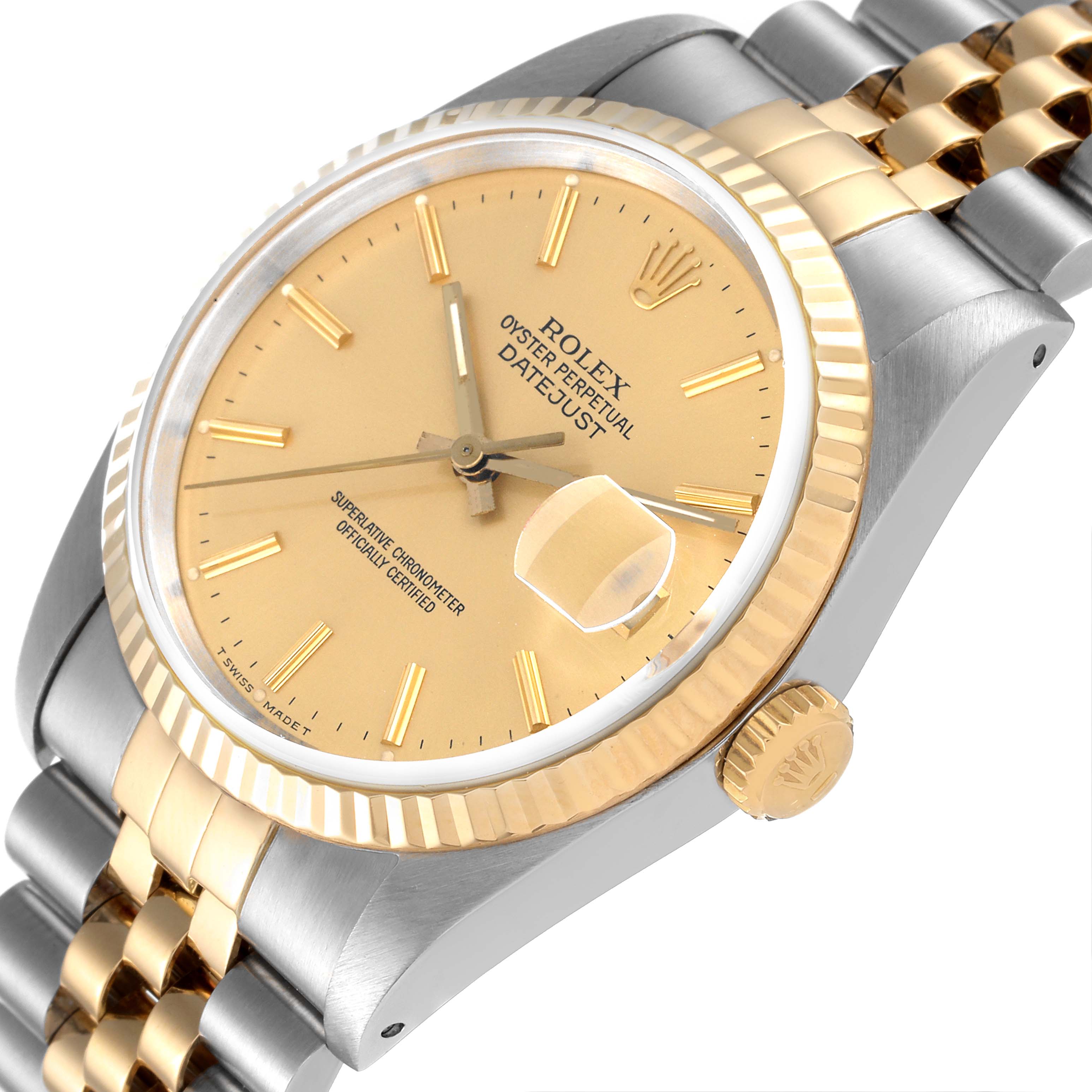 This image shows a Rolex Datejust 16233 Men's Steel and Gold (two tone) Champagne Dial 16233 Men's Steel and Gold (two tone) Champagne Dial model watch at a slight angle, highlighting the dial, bezel, cyclops lens, and part of the bracelet.