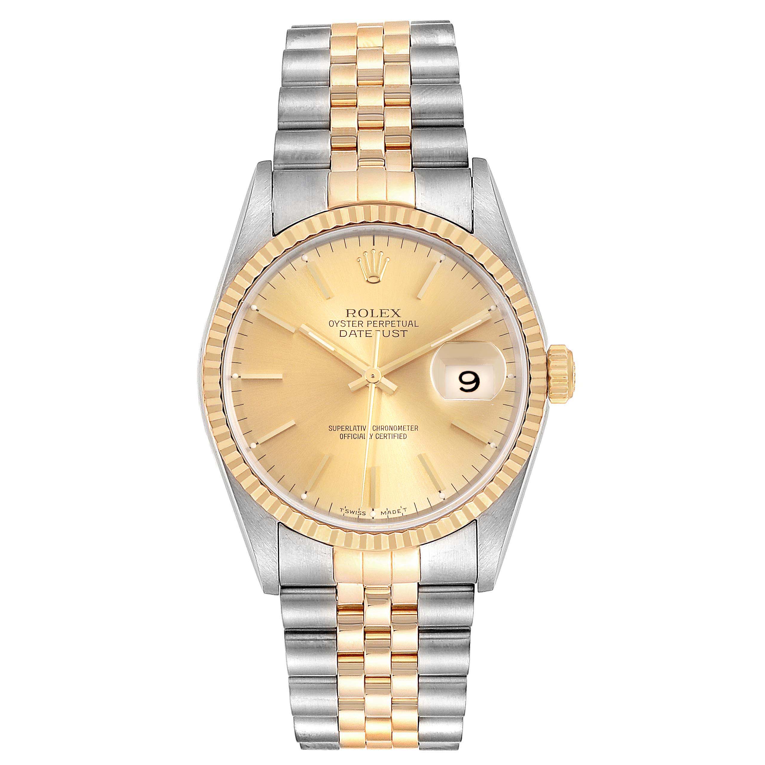 This image shows the front view of a Rolex Datejust 16233 Men's Steel and Gold (two tone) Champagne Dial 16233 Men's Steel and Gold (two tone) Champagne Dial watch, highlighting the face, dial, bezel, and two-tone bracelet.