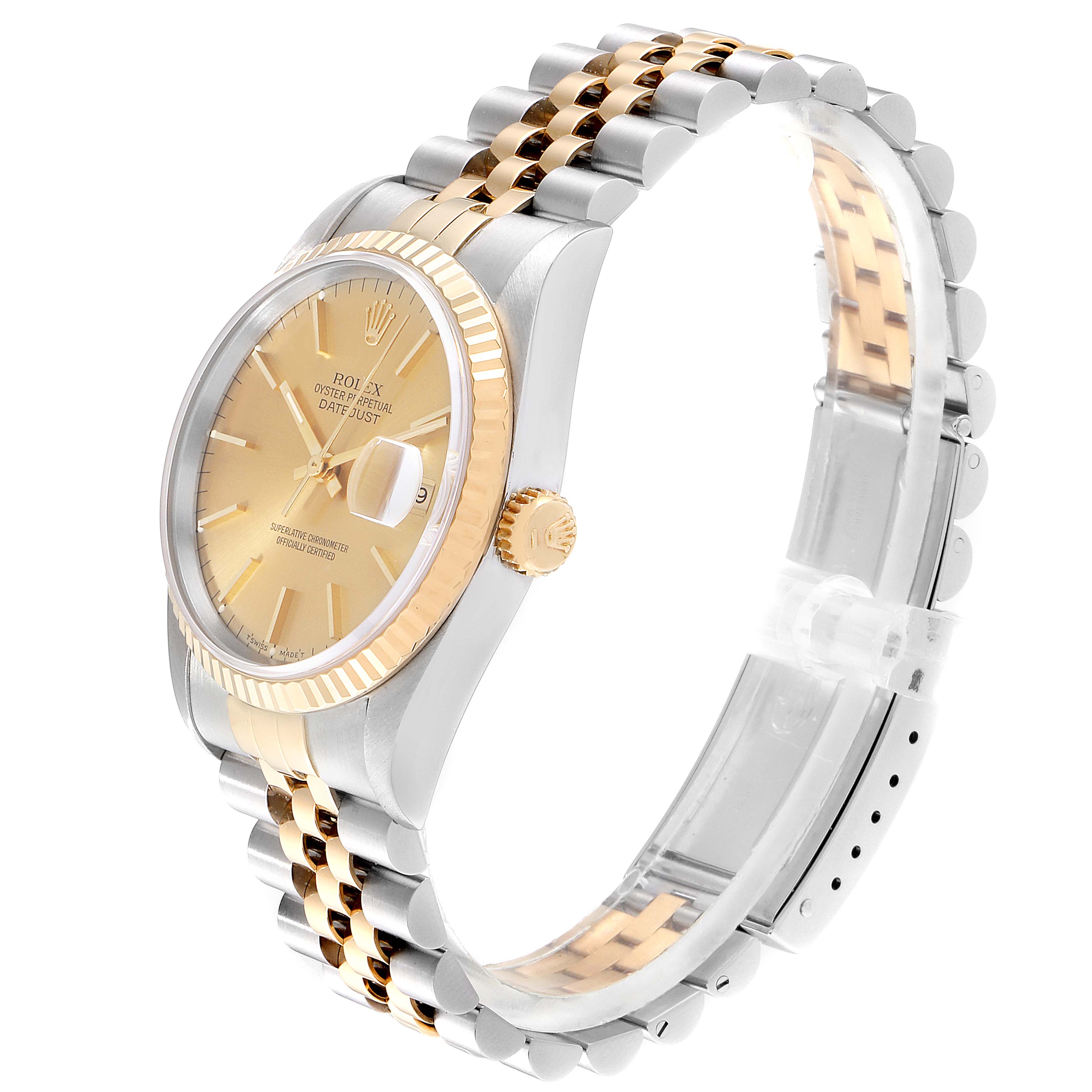 The image shows a side view angle of the Rolex Datejust 16233 Men's Steel and Gold (two tone) Champagne Dial 16233 Men's Steel and Gold (two tone) Champagne Dial watch, displaying its dial, bezel, and two-tone bracelet.