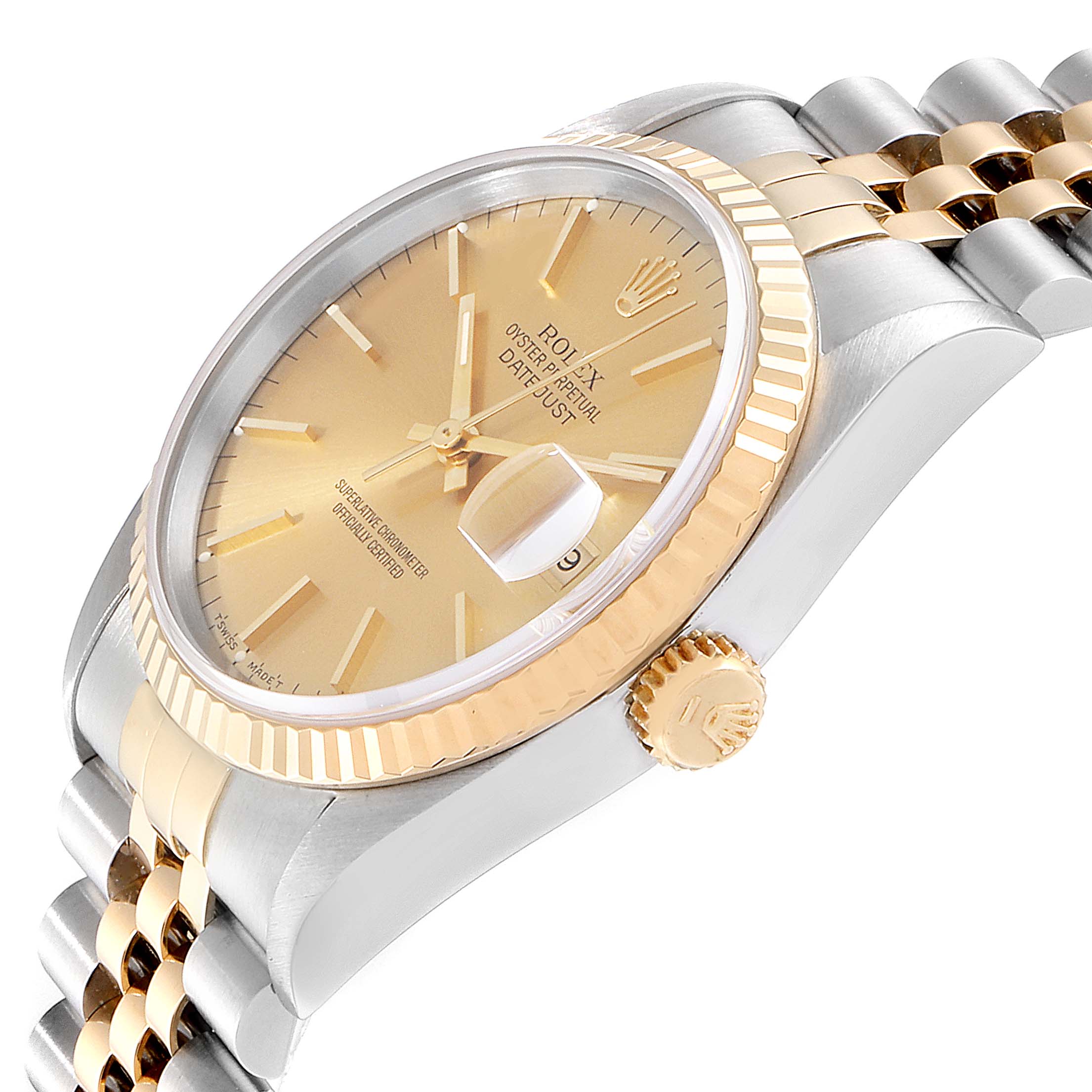 The image shows a Rolex Datejust 16233 Men's Steel and Gold (two tone) Champagne Dial 16233 Men's Steel and Gold (two tone) Champagne Dial watch at an angle highlighting the gold-toned dial, fluted bezel, crown, and two-tone bracelet.