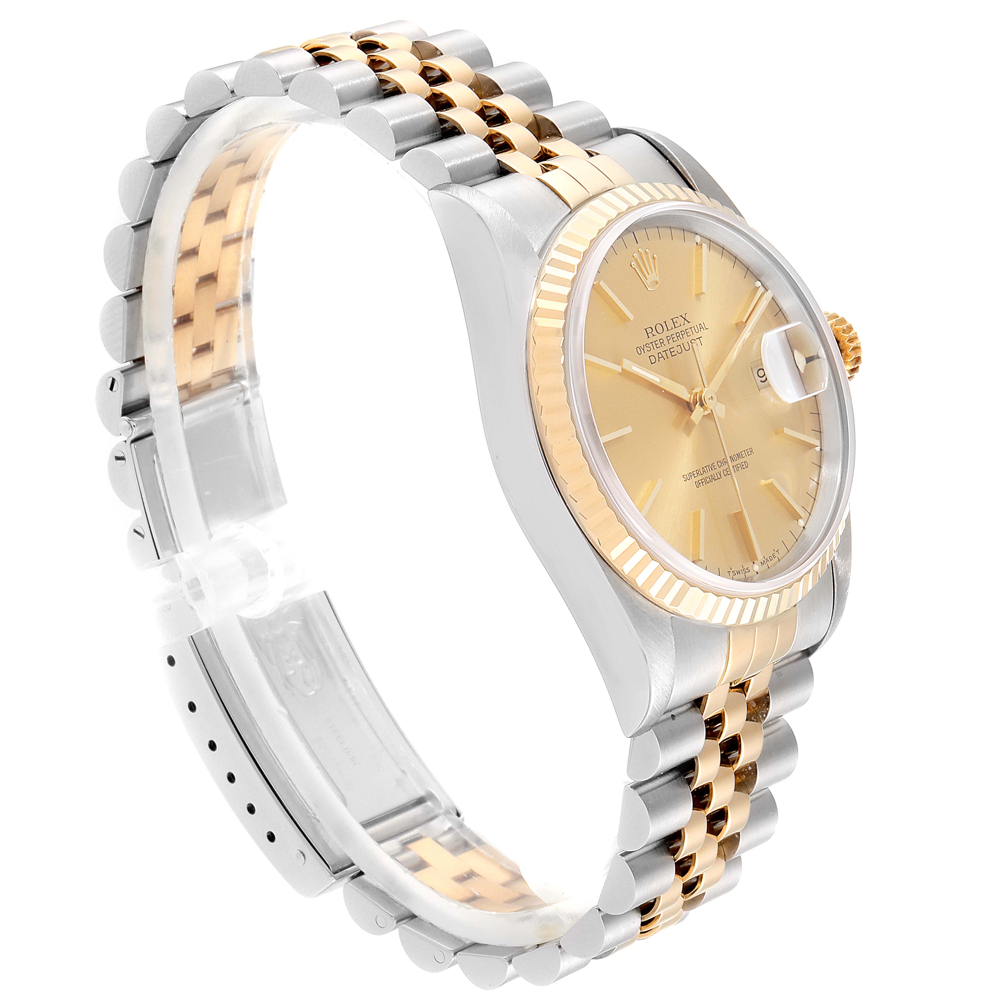 The Rolex Datejust 16233 Men's Steel and Gold (two tone) Champagne Dial 16233 Men's Steel and Gold (two tone) Champagne Dial watch is shown from a side angle, highlighting its two-tone bracelet and gold bezel.