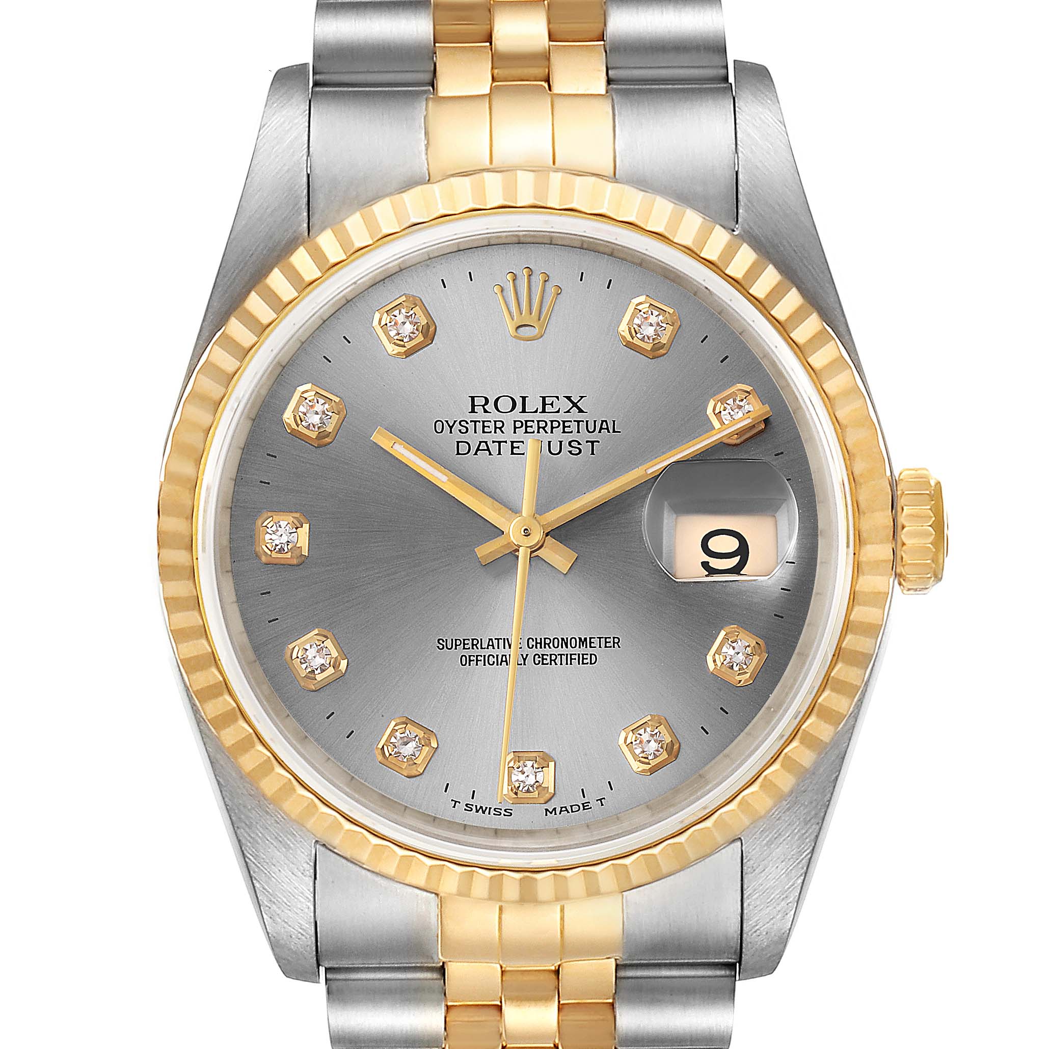 This image shows a close-up, front view of a Rolex Datejust 16233 Men
s Steel and Gold (two tone) Grey Dial 16233 Men
s Steel and Gold (two tone) Grey Dial watch, highlighting the dial, bezel, and part of the bracelet.