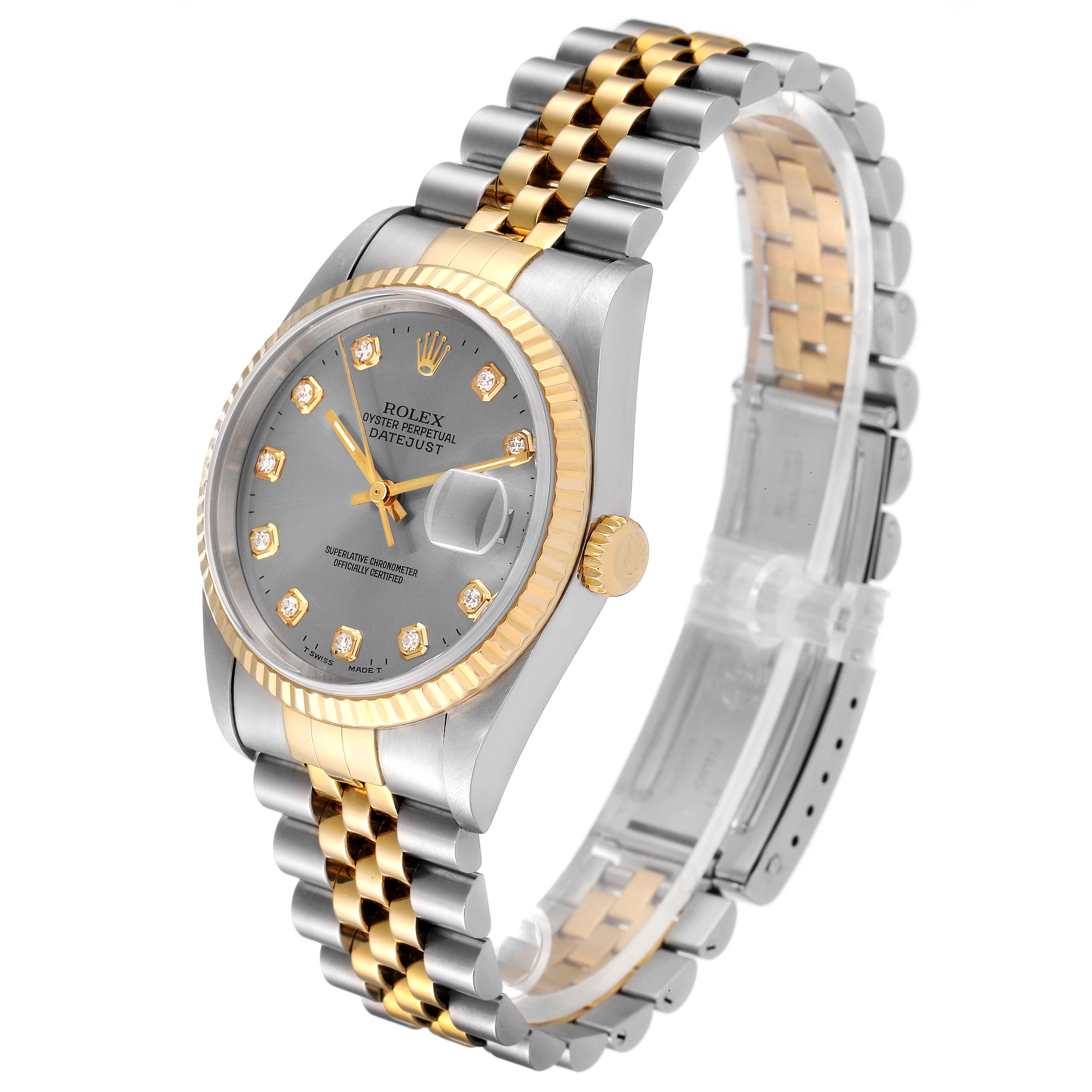 The image shows a Rolex Datejust 16233 Men
s Steel and Gold (two tone) Grey Dial 16233 Men
s Steel and Gold (two tone) Grey Dial watch at a slight angle, highlighting its face, bracelet, and crown.