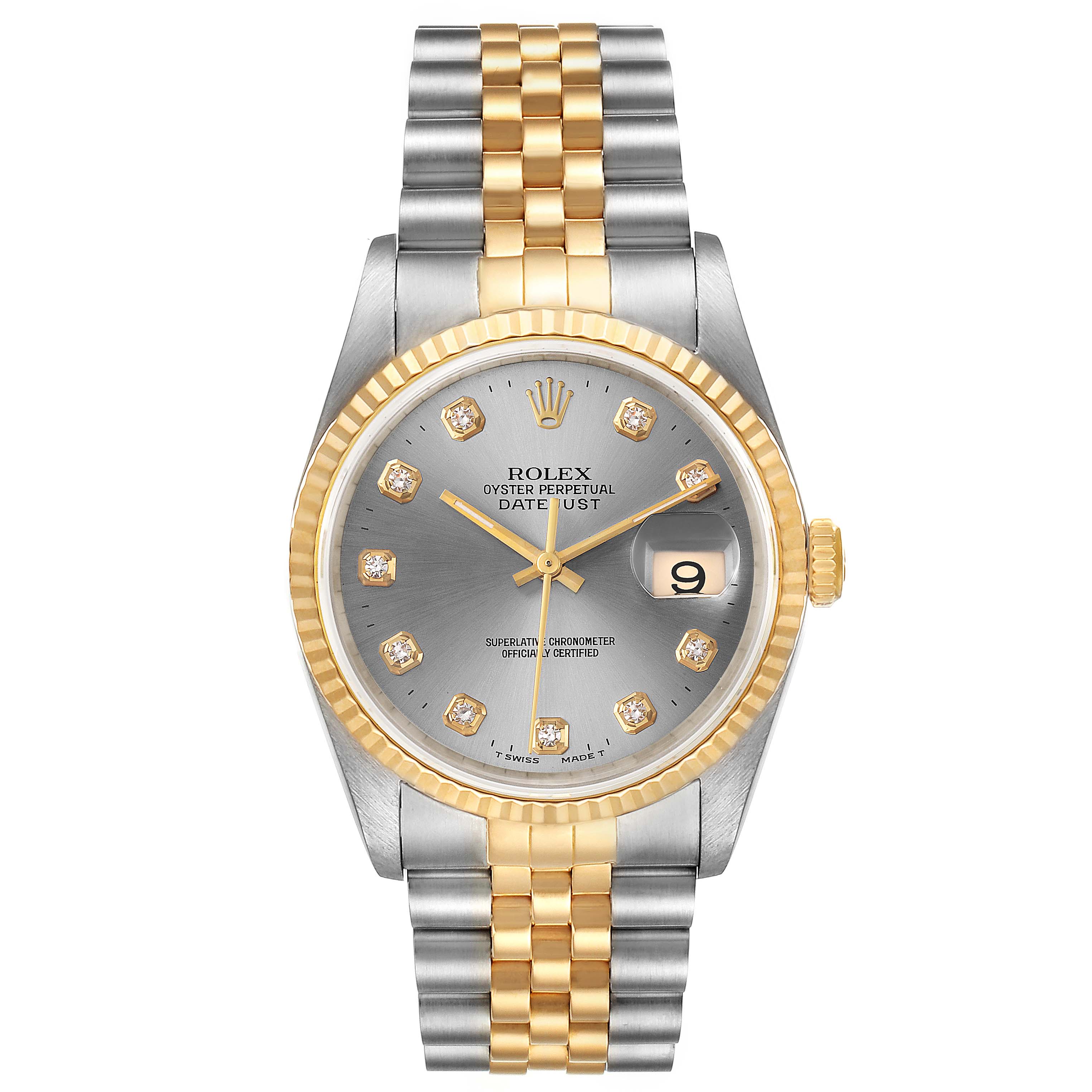 This image shows the front view of a Rolex Datejust 16233 Men
s Steel and Gold (two tone) Grey Dial 16233 Men
s Steel and Gold (two tone) Grey Dial watch, featuring its face, bezel, and bracelet.