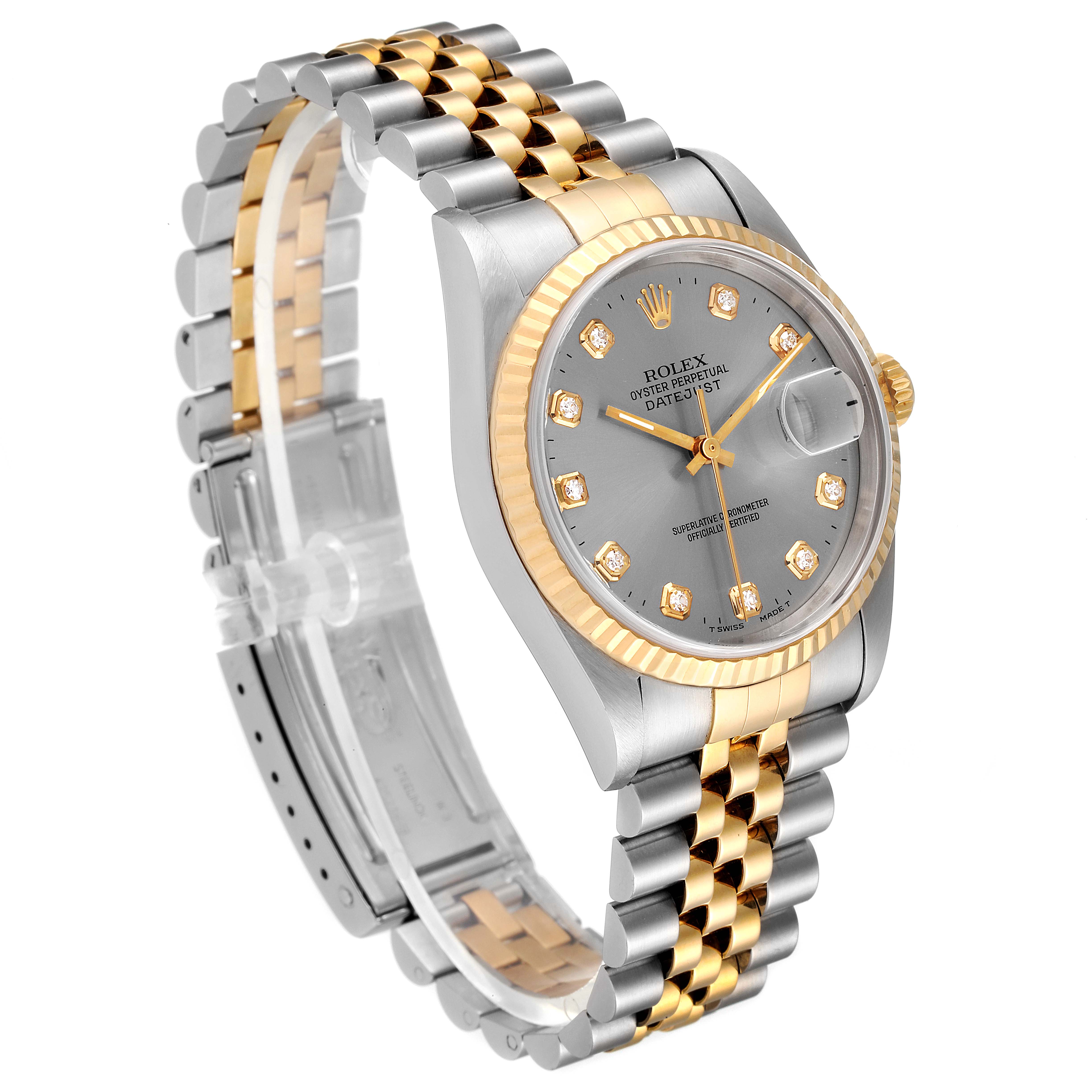The image shows a Rolex Datejust 16233 Men
s Steel and Gold (two tone) Grey Dial 16233 Men
s Steel and Gold (two tone) Grey Dial watch at a slight angle, highlighting its dial, bezel, and a two-tone bracelet.