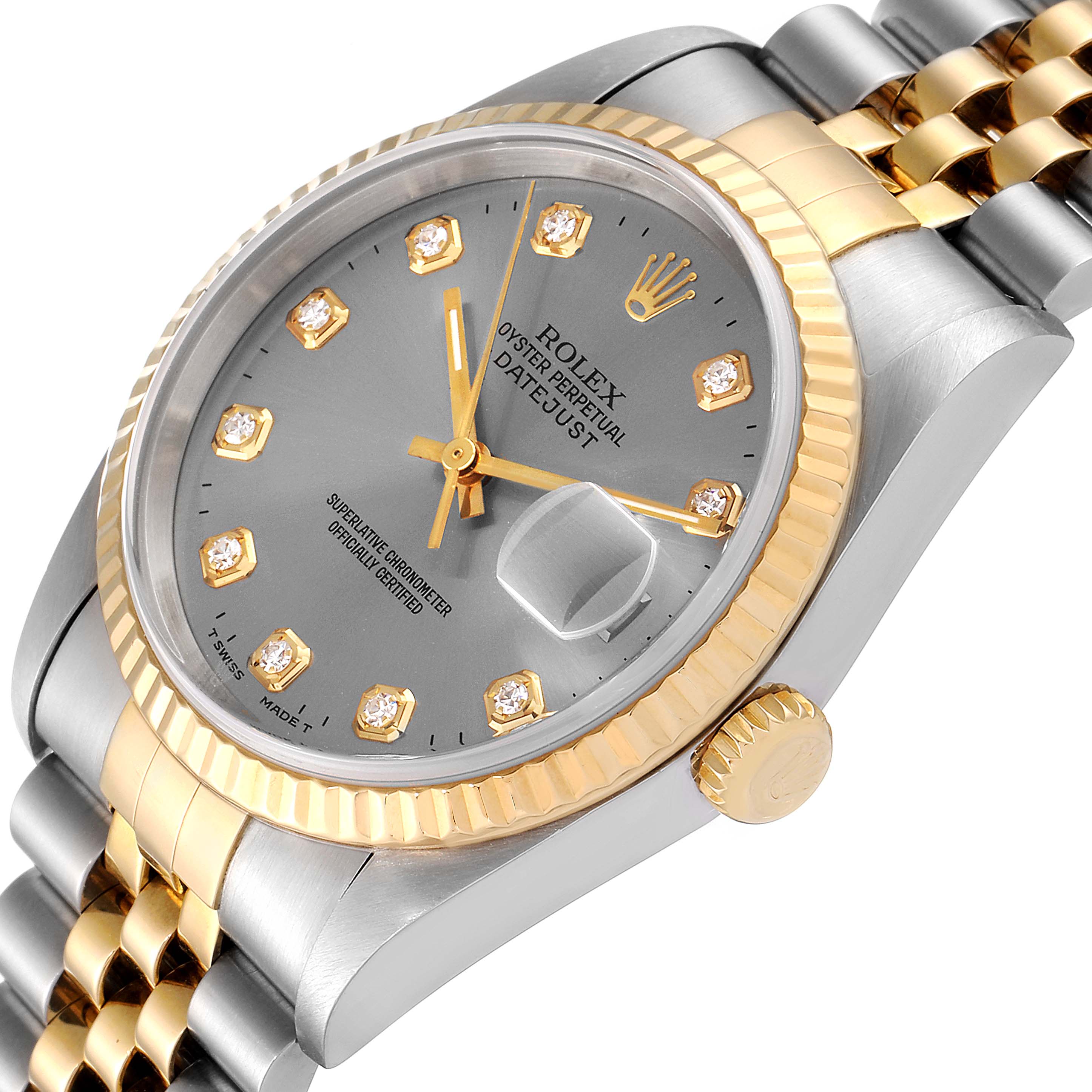 The Rolex Datejust 16233 Men
s Steel and Gold (two tone) Grey Dial 16233 Men
s Steel and Gold (two tone) Grey Dial watch is shown at a slight angle, highlighting the dial, bezel, crown, and part of the bracelet.