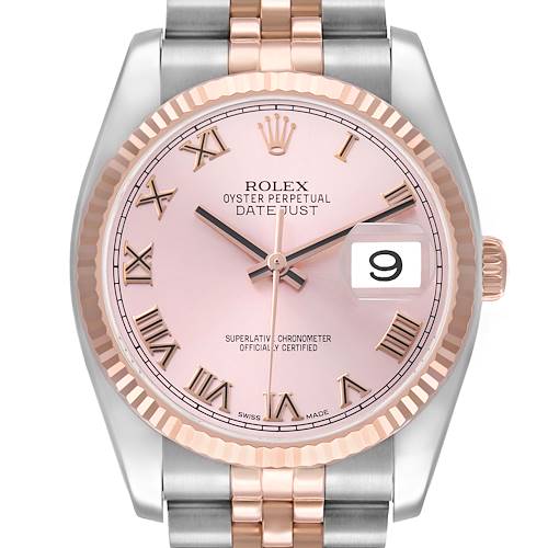 The Rolex Datejust 116231 Men's Steel and Gold (two tone) Pink Dial watch is shown in a close-up front view, highlighting its pink dial, Roman numerals, and two-tone bracelet.