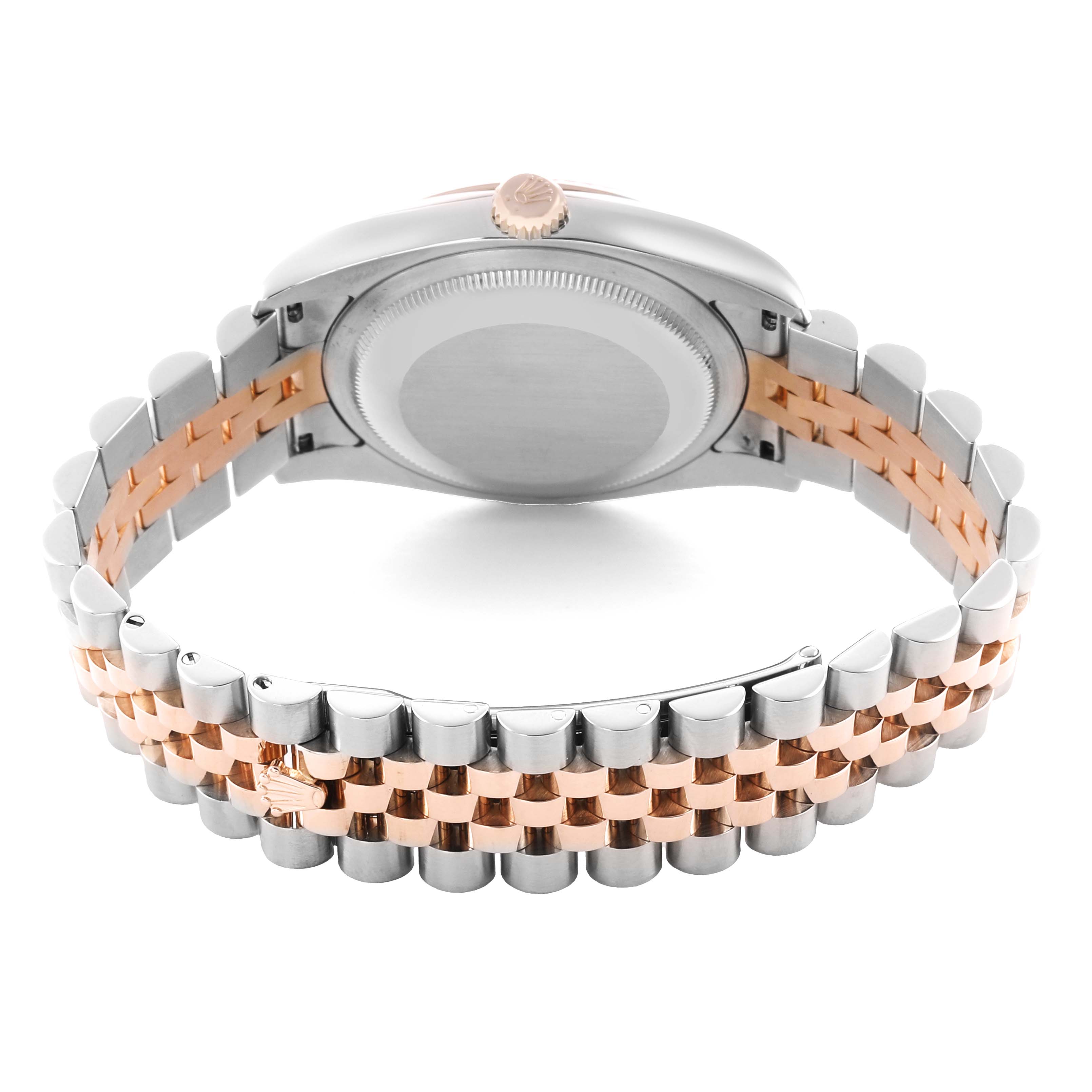 The Rolex Datejust 116231 Men
s Steel and Gold (two tone) Pink Dial is shown from the back, highlighting its case, crown, and two-tone jubilee bracelet.