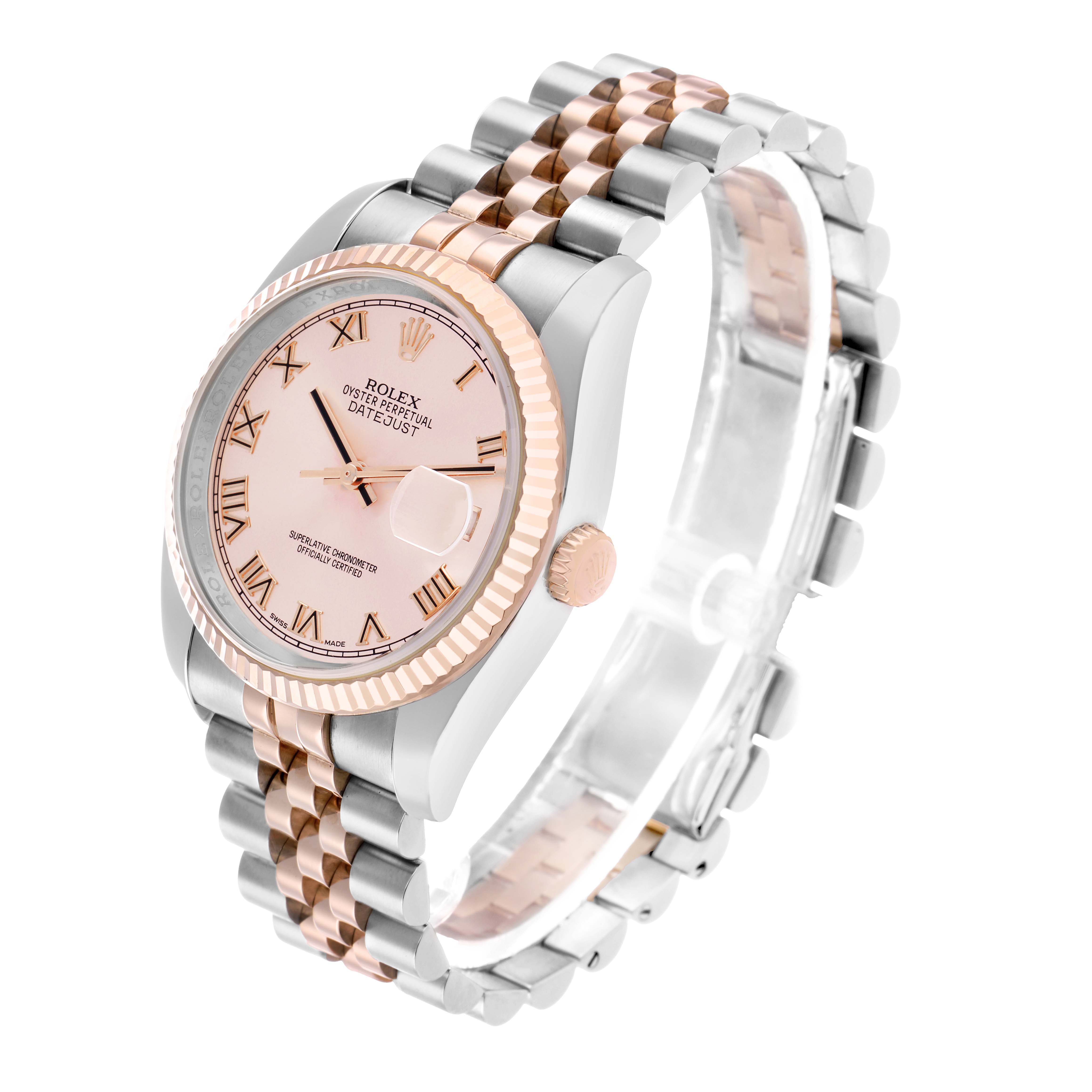 The Rolex Datejust 116231 Men
s Steel and Gold (two tone) Pink Dial watch is shown at a three-quarter angle, highlighting the face, bezel, and Jubilee bracelet.