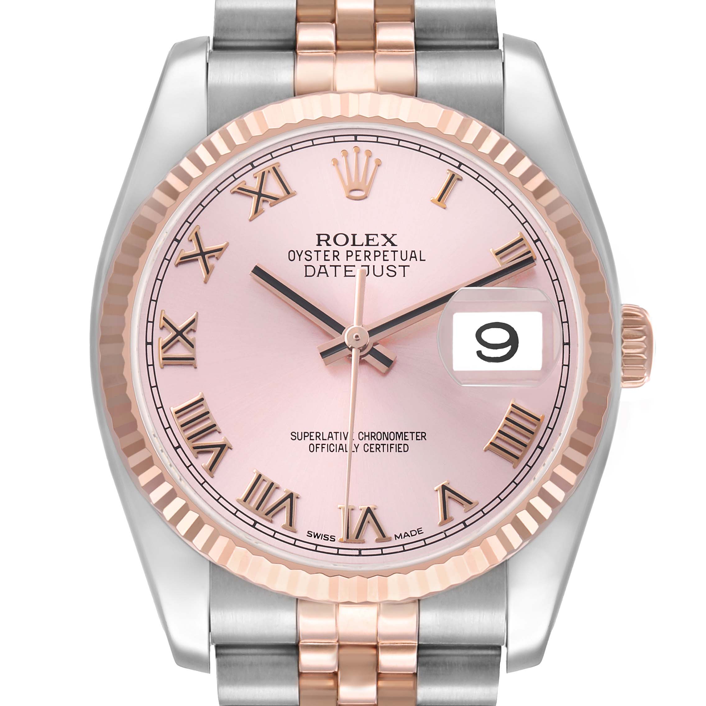 The Rolex Datejust 116231 Men
s Steel and Gold (two tone) Pink Dial watch is shown from the front, highlighting the pink dial, Roman numerals, bezel, and part of the bracelet.