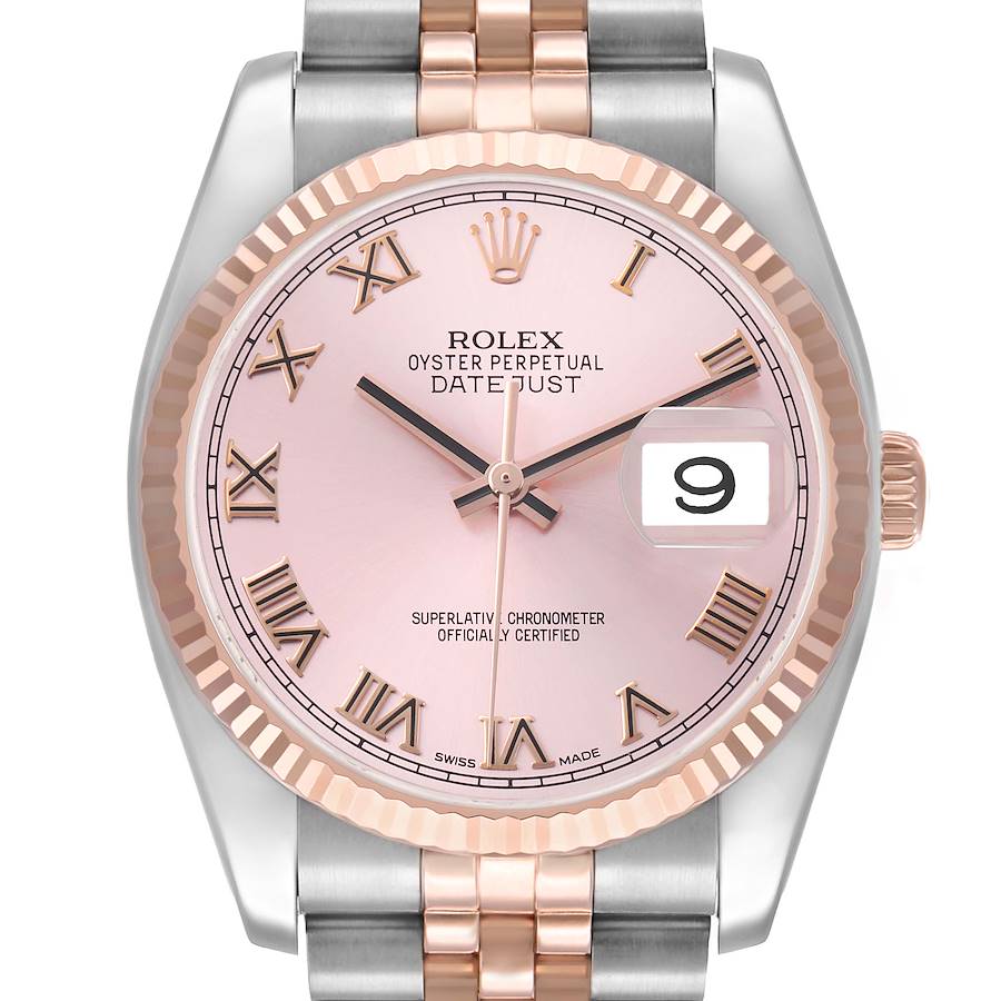 The Rolex Datejust 116231 Men's Steel and Gold (two tone) Pink Dial watch is shown from the front, highlighting the pink dial, Roman numerals, bezel, and part of the bracelet.