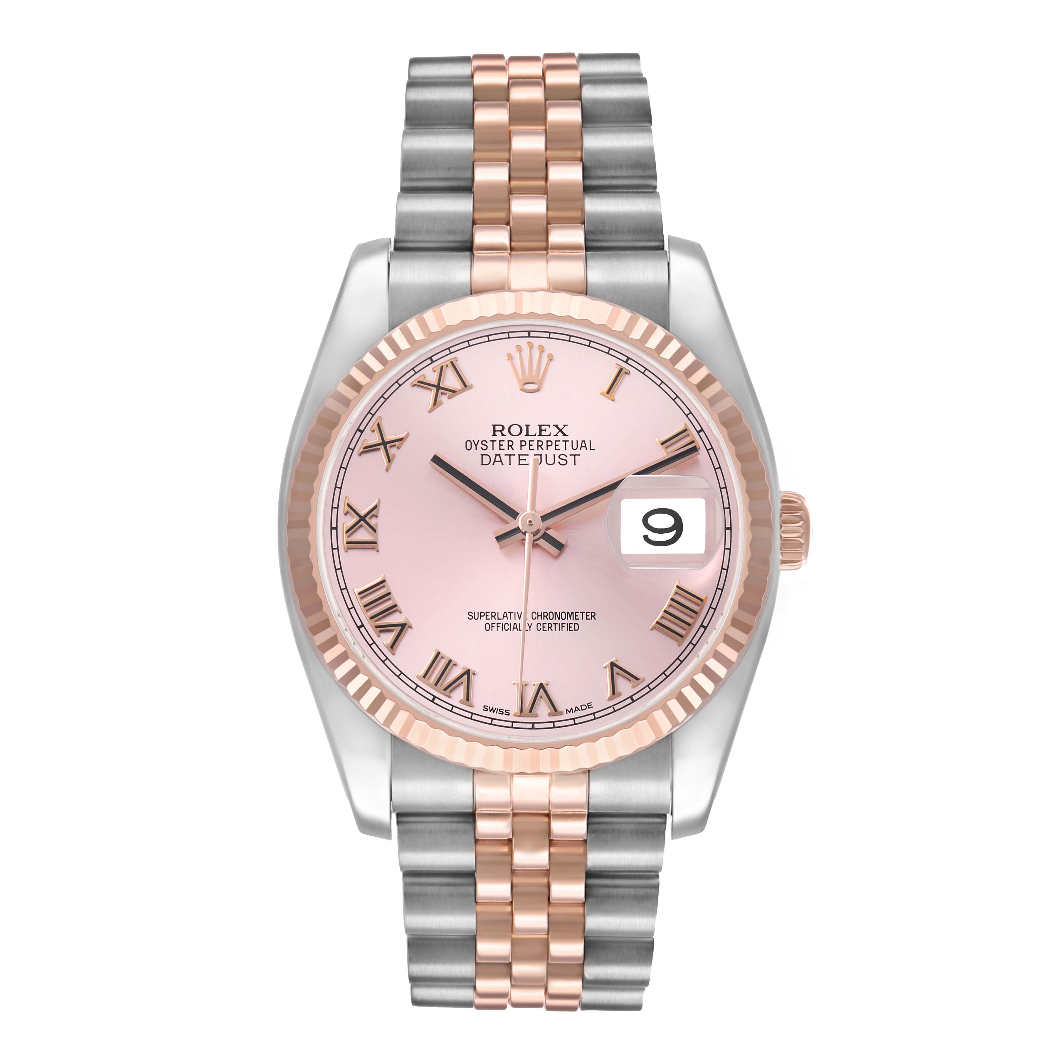The watch is a Rolex Datejust 116231 Men
s Steel and Gold (two tone) Pink Dial model shown from the front, featuring a pink dial, fluted bezel, and a two-tone bracelet.