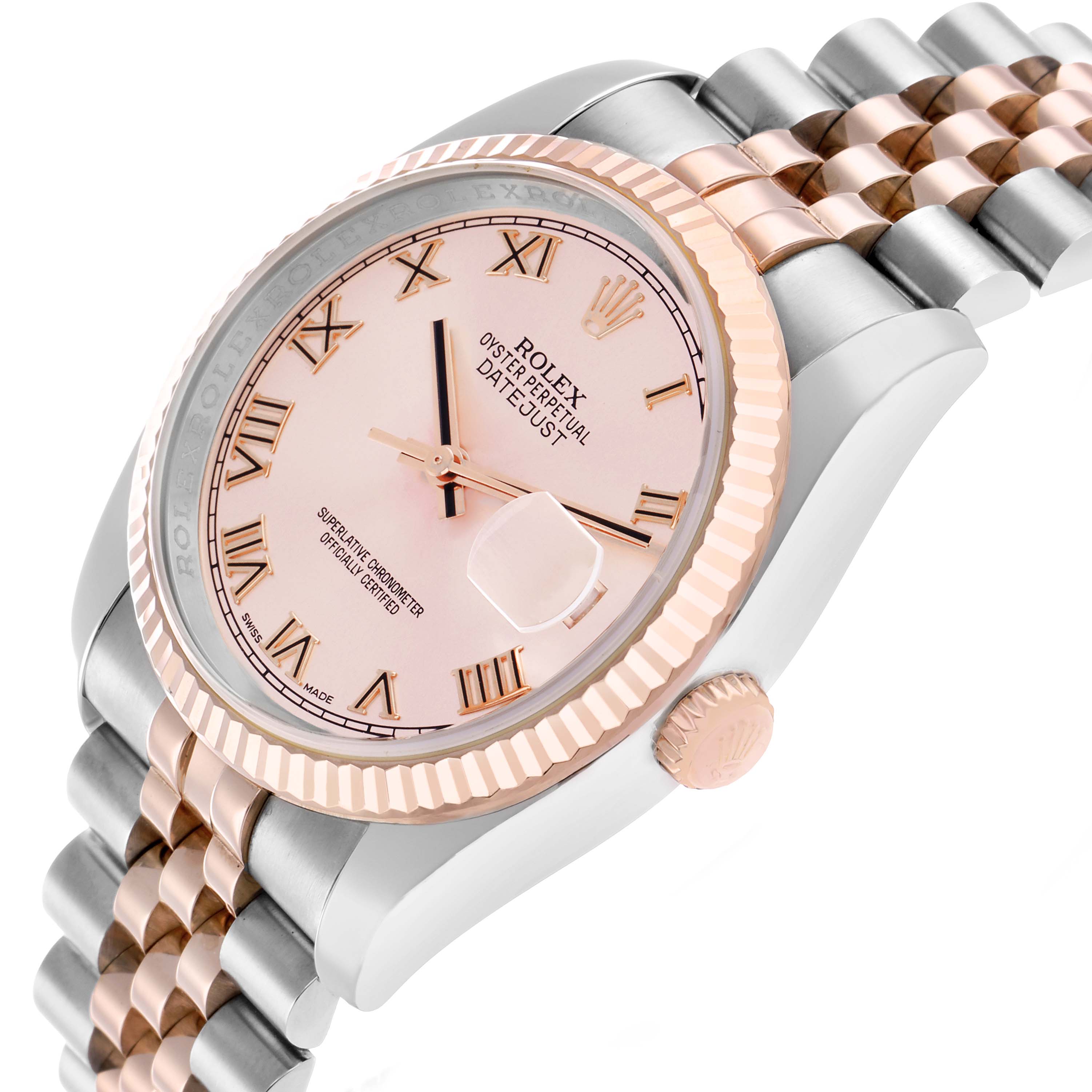 The Rolex Datejust 116231 Men
s Steel and Gold (two tone) Pink Dial watch is shown at an angled view, highlighting the pink dial, fluted bezel, and Jubilee bracelet.