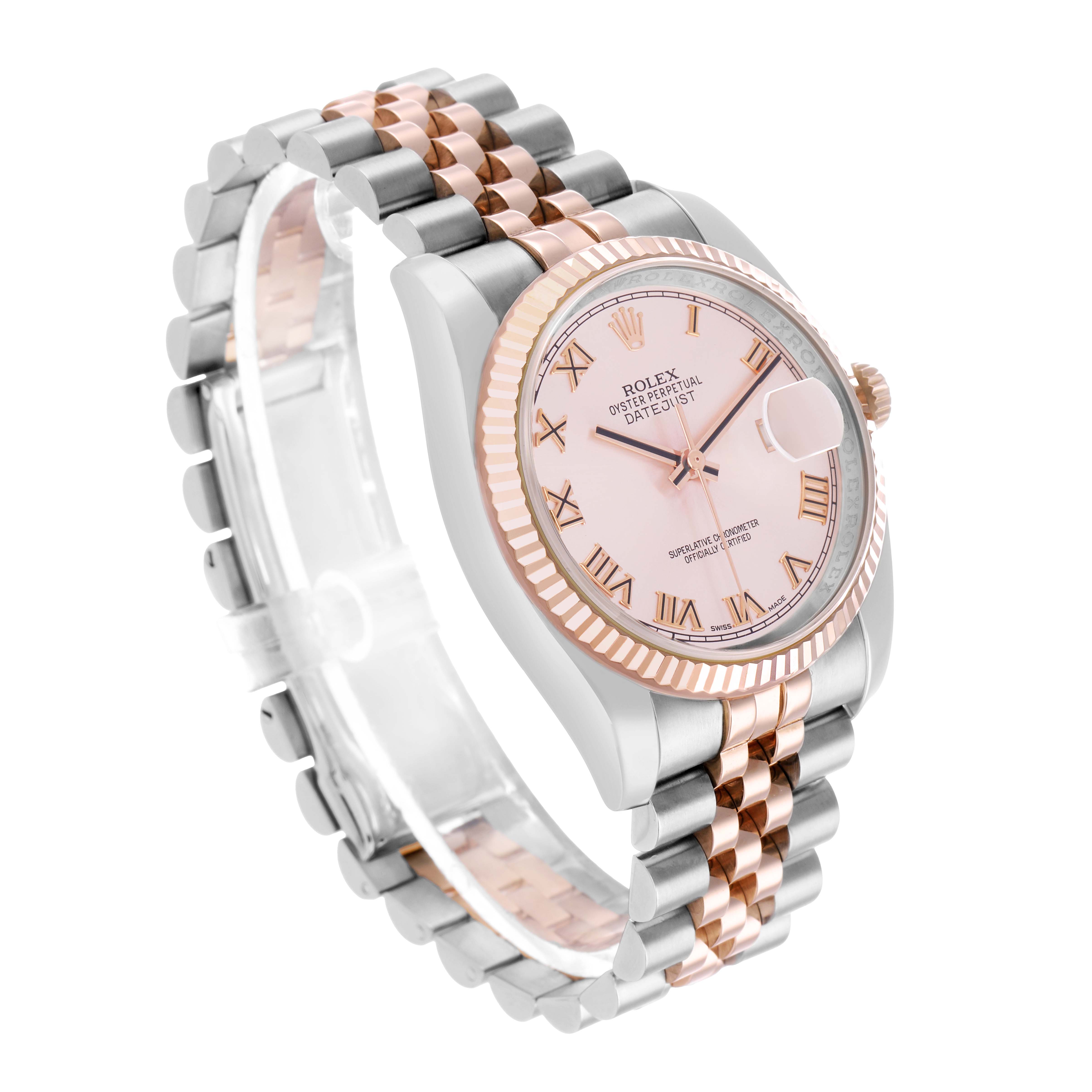 The Rolex Datejust 116231 Men
s Steel and Gold (two tone) Pink Dial watch is shown at a slightly angled side view, highlighting its pink dial, fluted bezel, and two-tone bracelet.