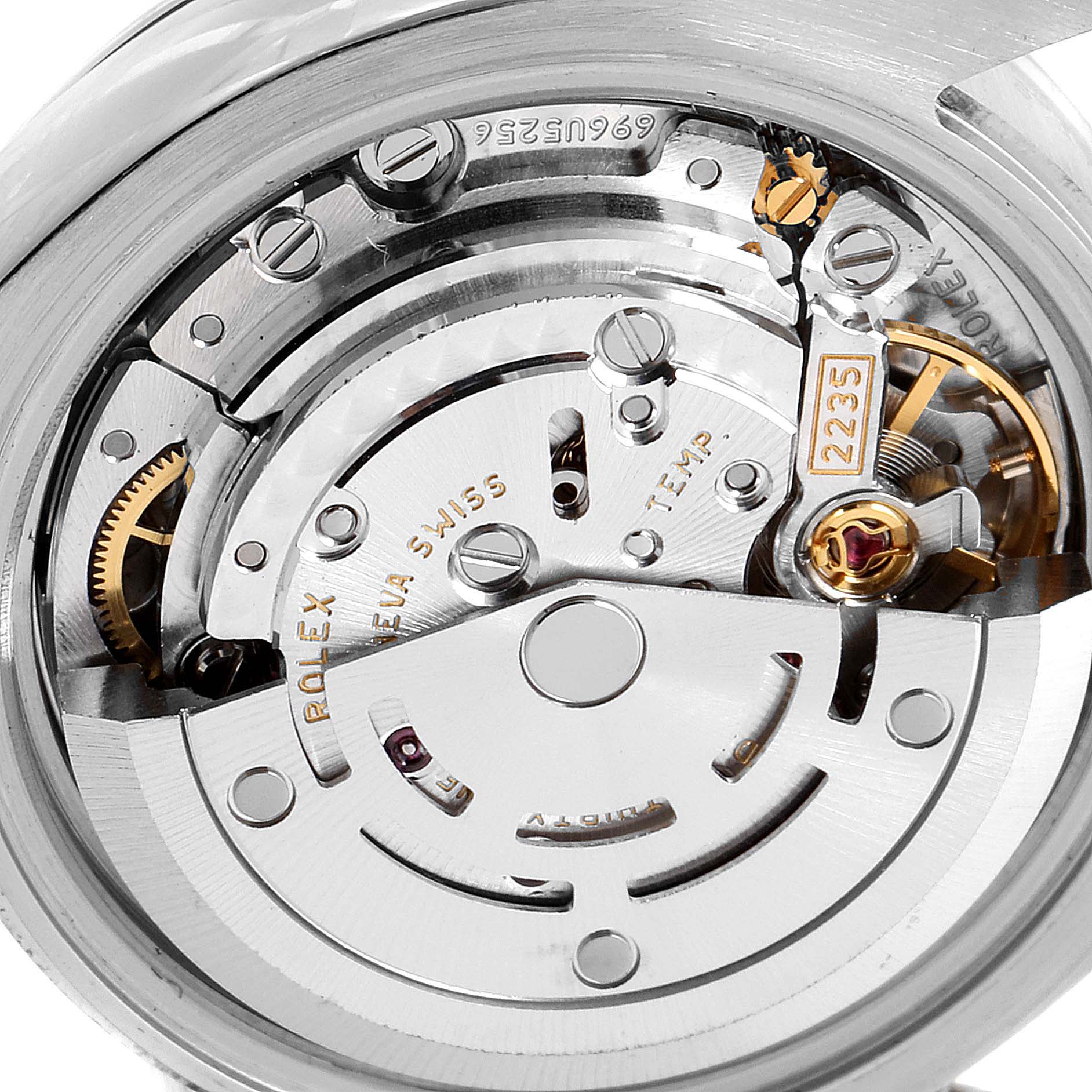 This image shows the movement and internal mechanisms of the Rolex Datejust 179174 Women's Stainless Steel Mother of Pearl Dial 179174 Women's Stainless Steel Mother of Pearl Dial watch at a close-up angle.