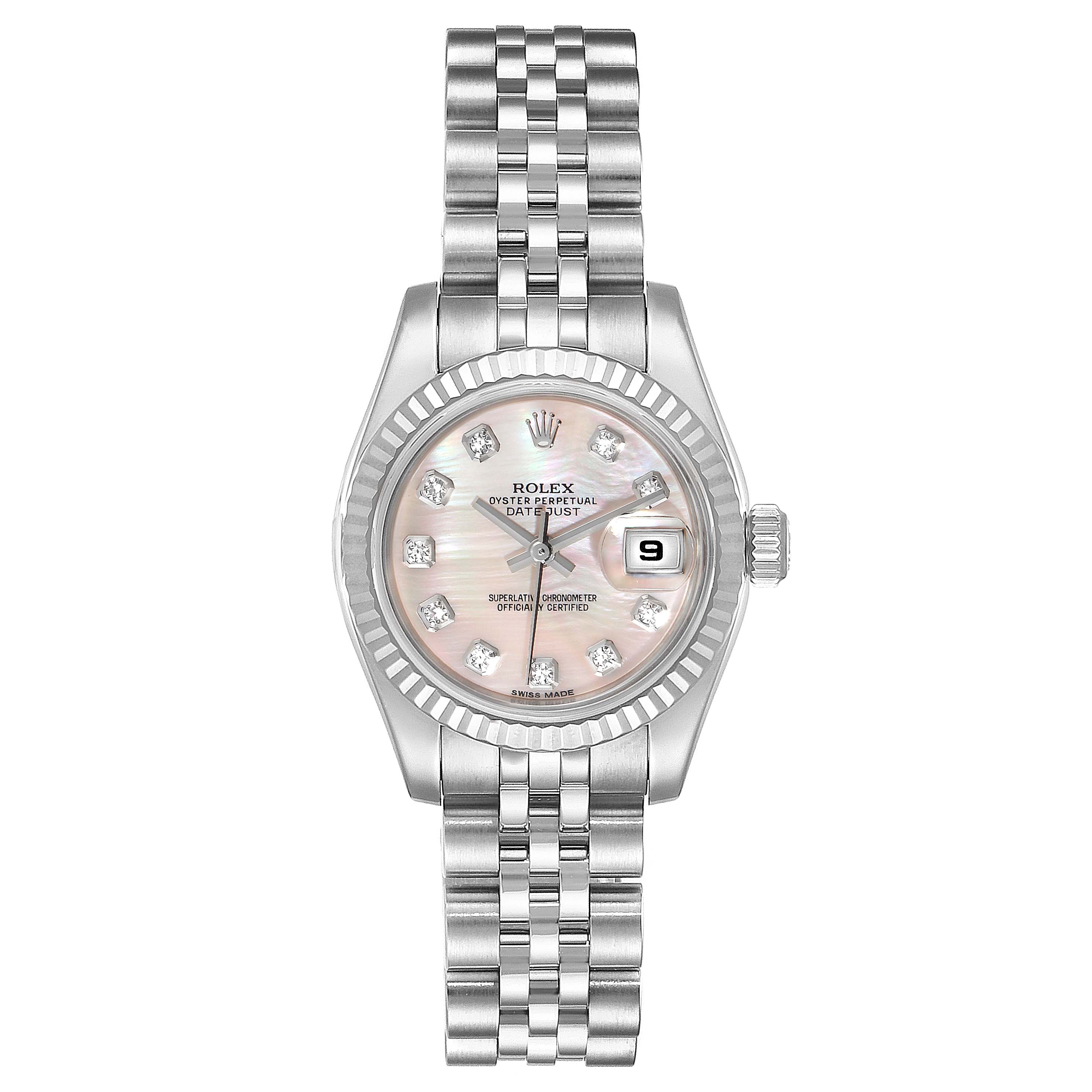 The image shows a frontal view of a Rolex Datejust 179174 Women's Stainless Steel Mother of Pearl Dial 179174 Women's Stainless Steel Mother of Pearl Dial watch, highlighting the face, bezel, and bracelet.