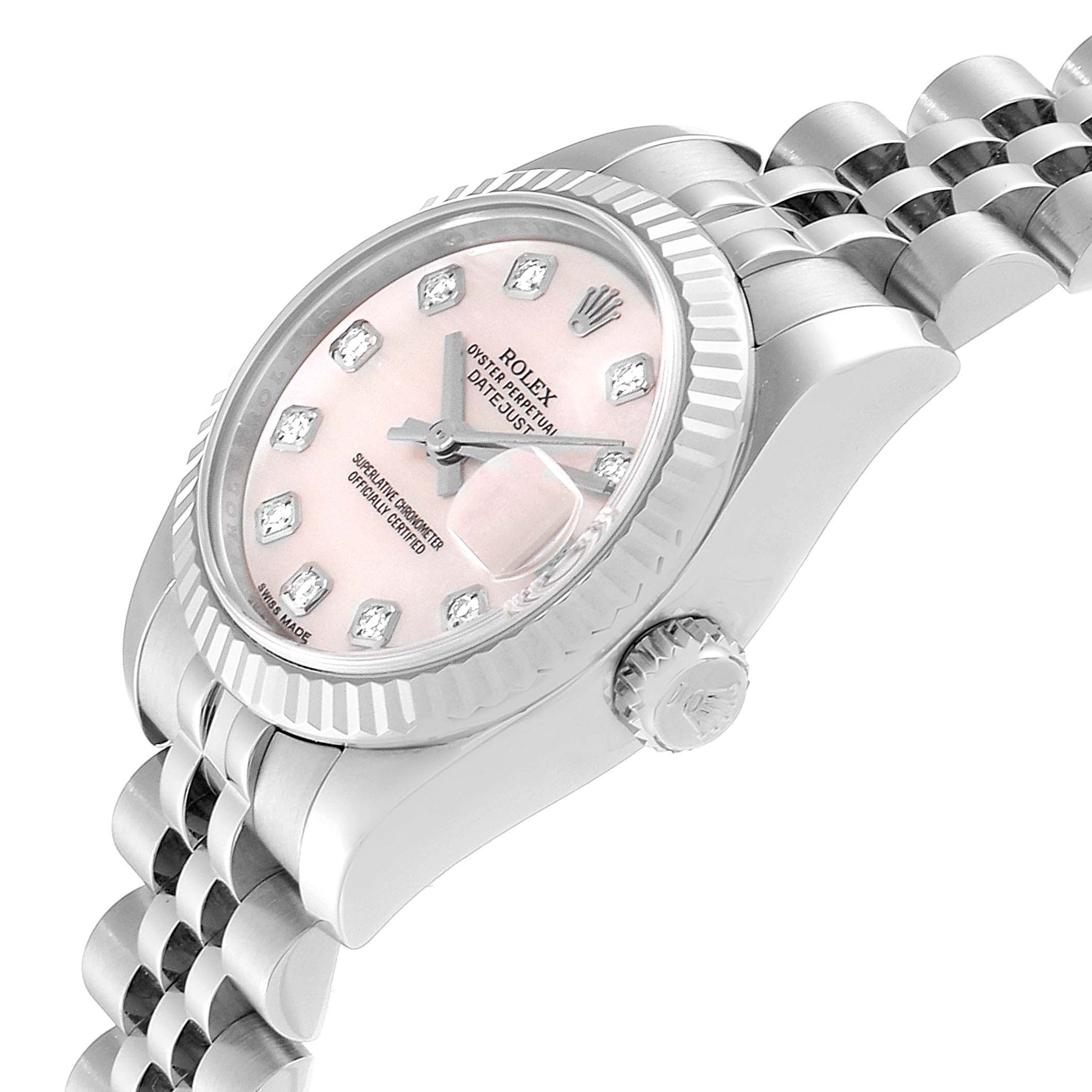 The image shows a side view of the Rolex Datejust 179174 Women's Stainless Steel Mother of Pearl Dial 179174 Women's Stainless Steel Mother of Pearl Dial watch, highlighting its face, bezel, crown, and part of the bracelet.