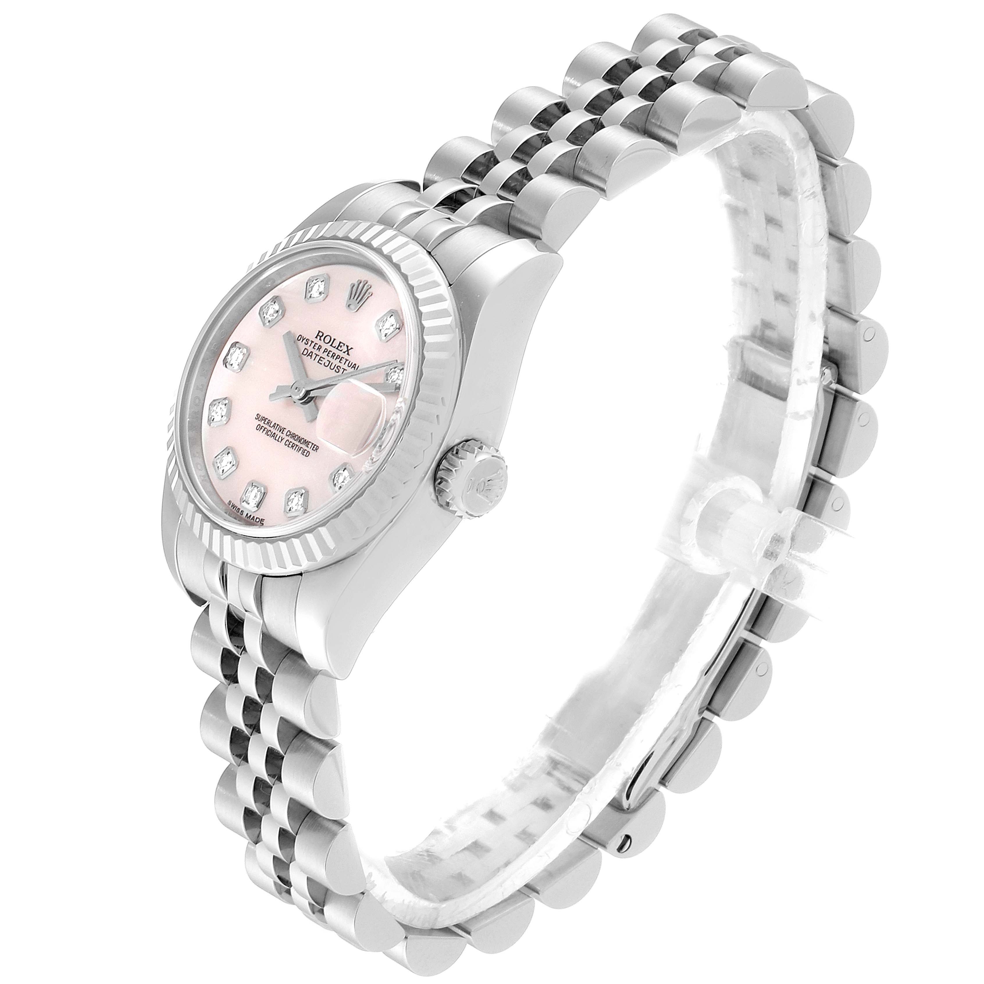 The image shows a side angle of a Rolex Datejust 179174 Women's Stainless Steel Mother of Pearl Dial 179174 Women's Stainless Steel Mother of Pearl Dial watch highlighting its pink dial, diamond hour markers, and jubilee bracelet.