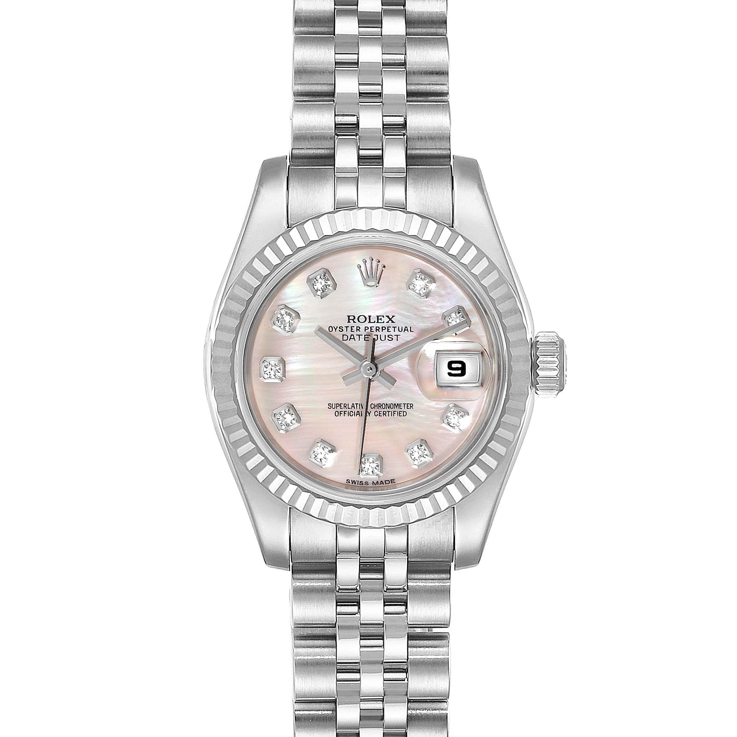 The image shows a front view of a Rolex Datejust 179174 Women's Stainless Steel Mother of Pearl Dial 179174 Women's Stainless Steel Mother of Pearl Dial watch, highlighting the dial, bezel, crown, and bracelet.