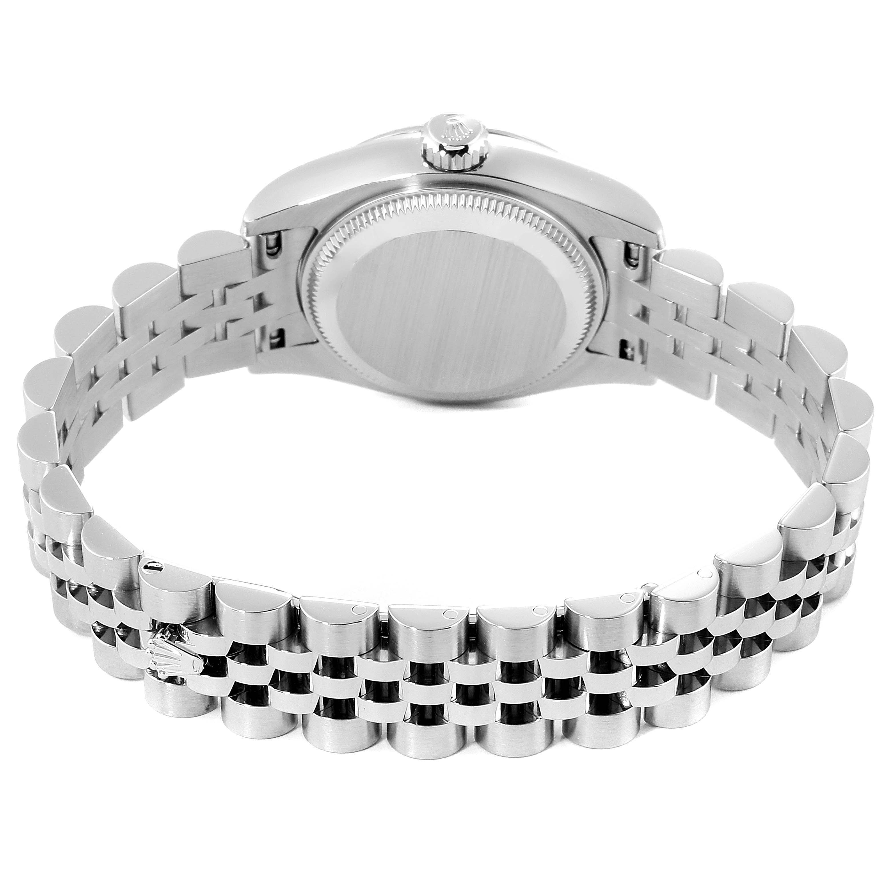 The image shows the back view of a Rolex Datejust 179174 Women's Stainless Steel Mother of Pearl Dial 179174 Women's Stainless Steel Mother of Pearl Dial watch, highlighting the case back and bracelet.