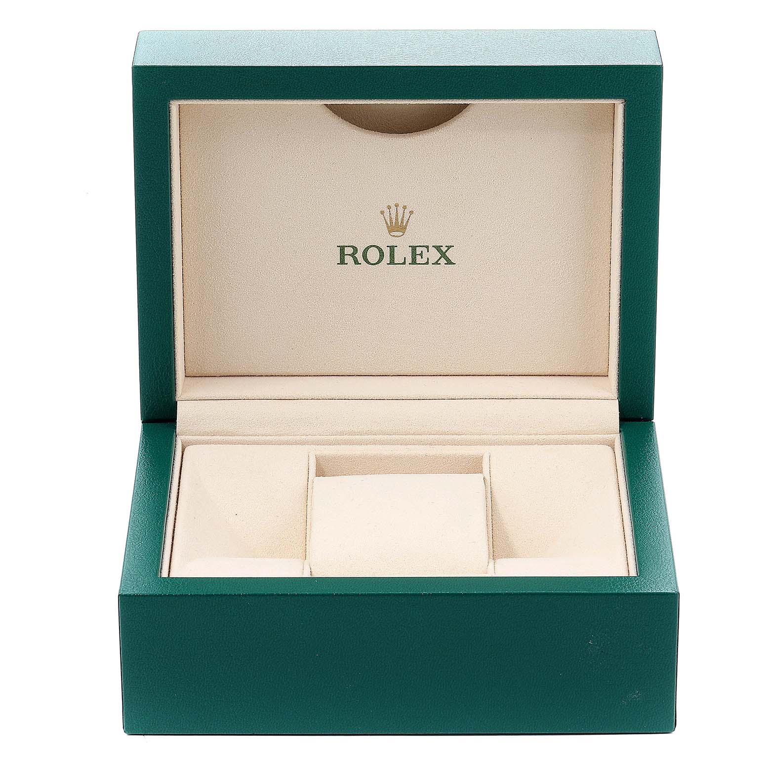 This image shows an open green and cream-colored Rolex watch box for the Datejust model.