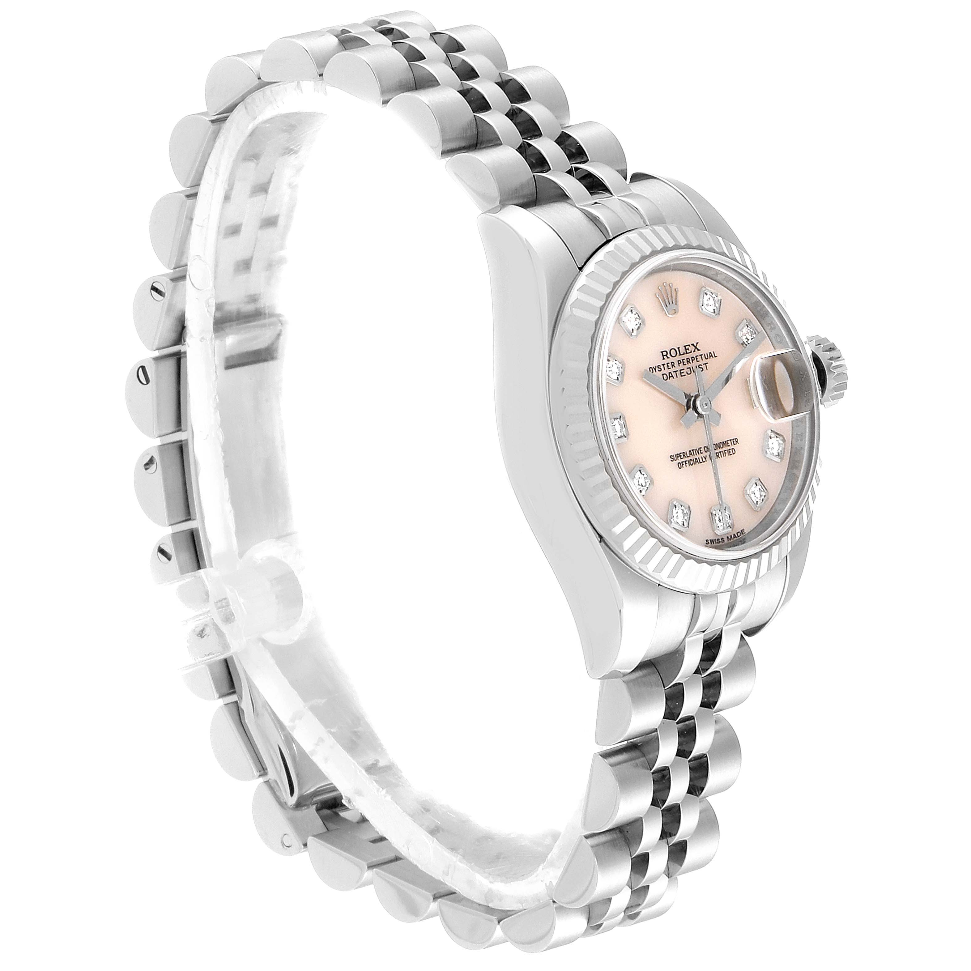The Rolex Datejust 179174 Women's Stainless Steel Mother of Pearl Dial 179174 Women's Stainless Steel Mother of Pearl Dial watch is shown from a side angle, displaying the face, bezel, and part of the bracelet.