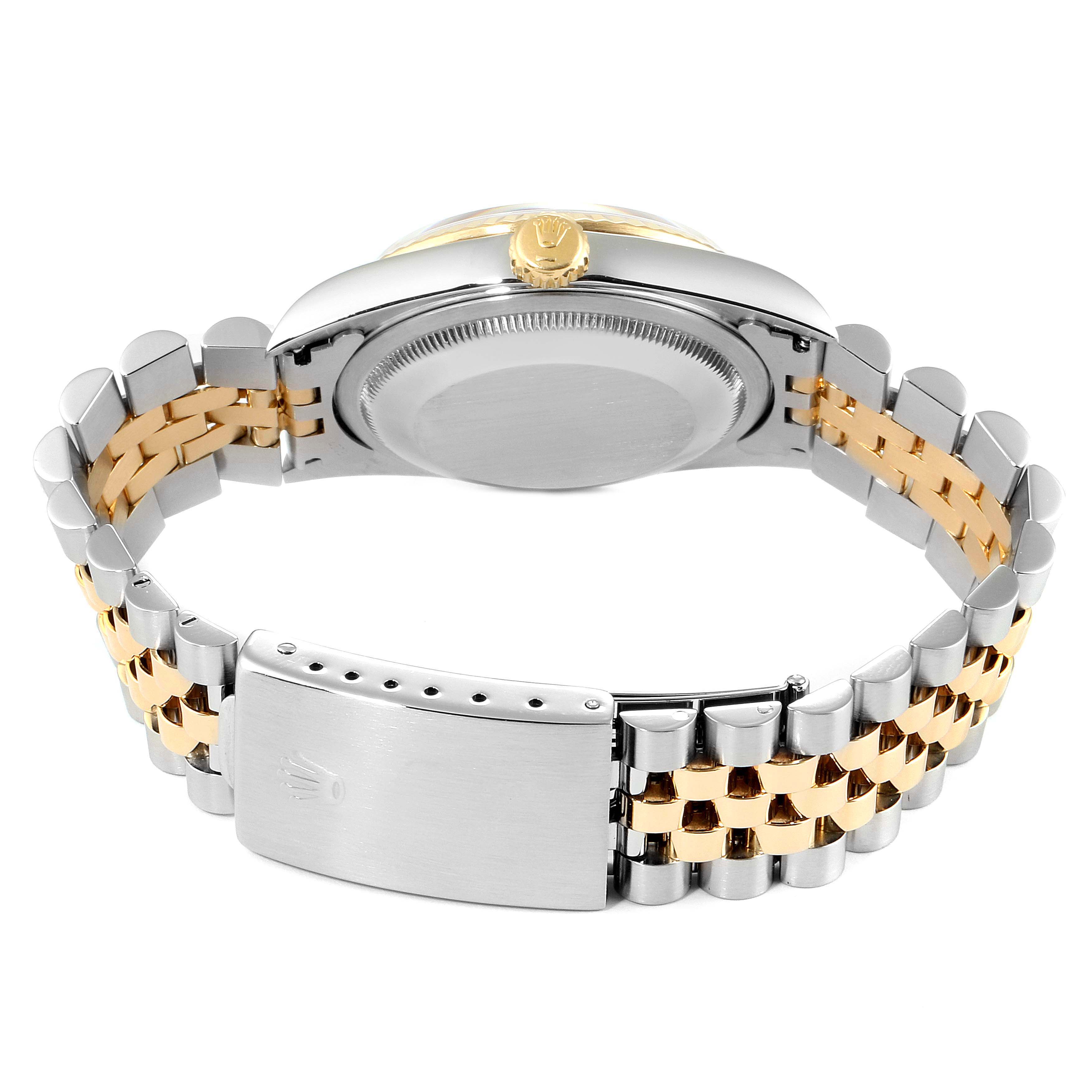 The image shows the back case and bracelet of the Rolex Datejust 16233 Men's Steel and Gold (two tone) Black Dial 16233 Men's Steel and Gold (two tone) Black Dial watch at a slightly angled rear view.